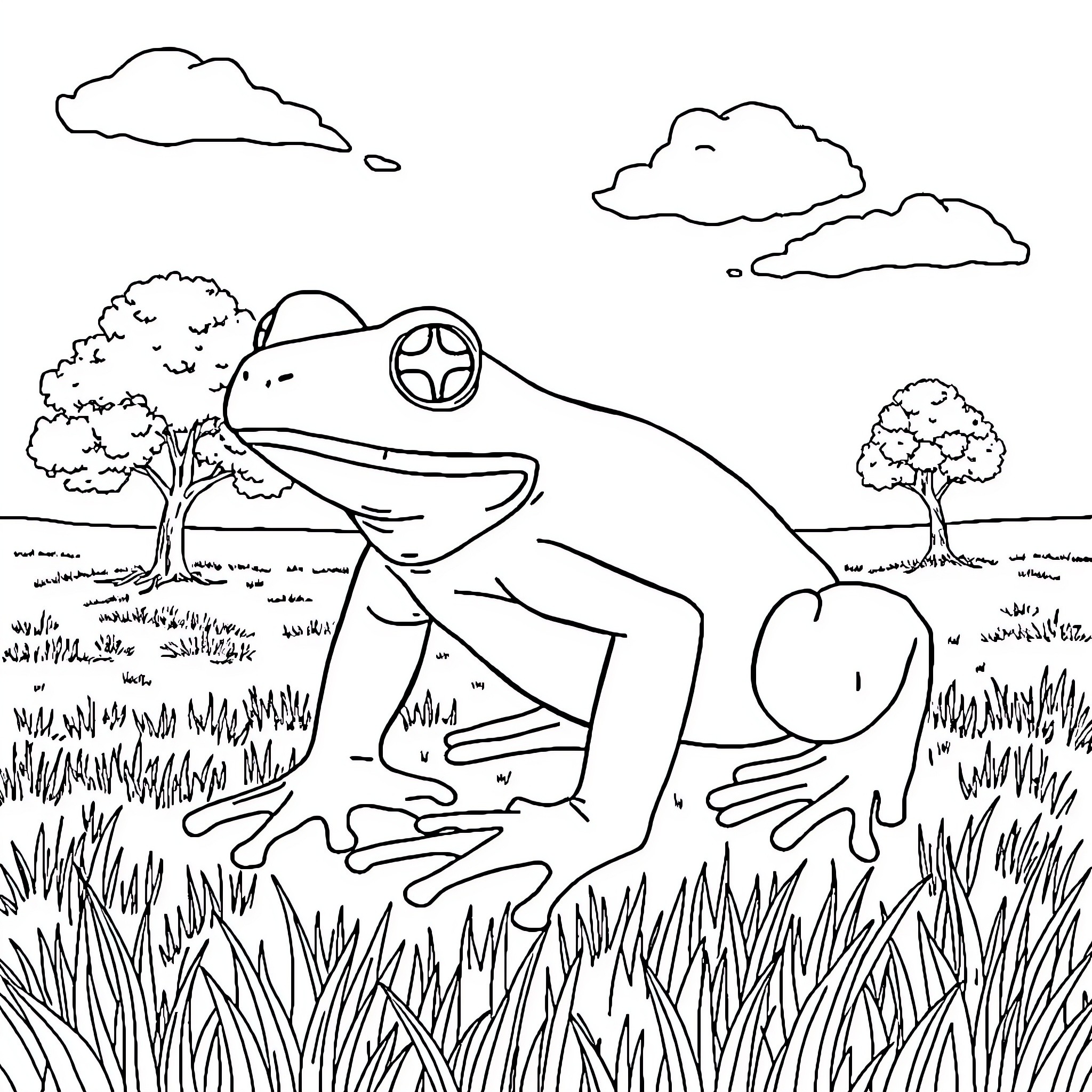 Frog exploring the natural landscape Coloring Page (free black-and-white line drawing printable PDF for all, from beginners to advanced learners, including children, teens, adults, and seniors)