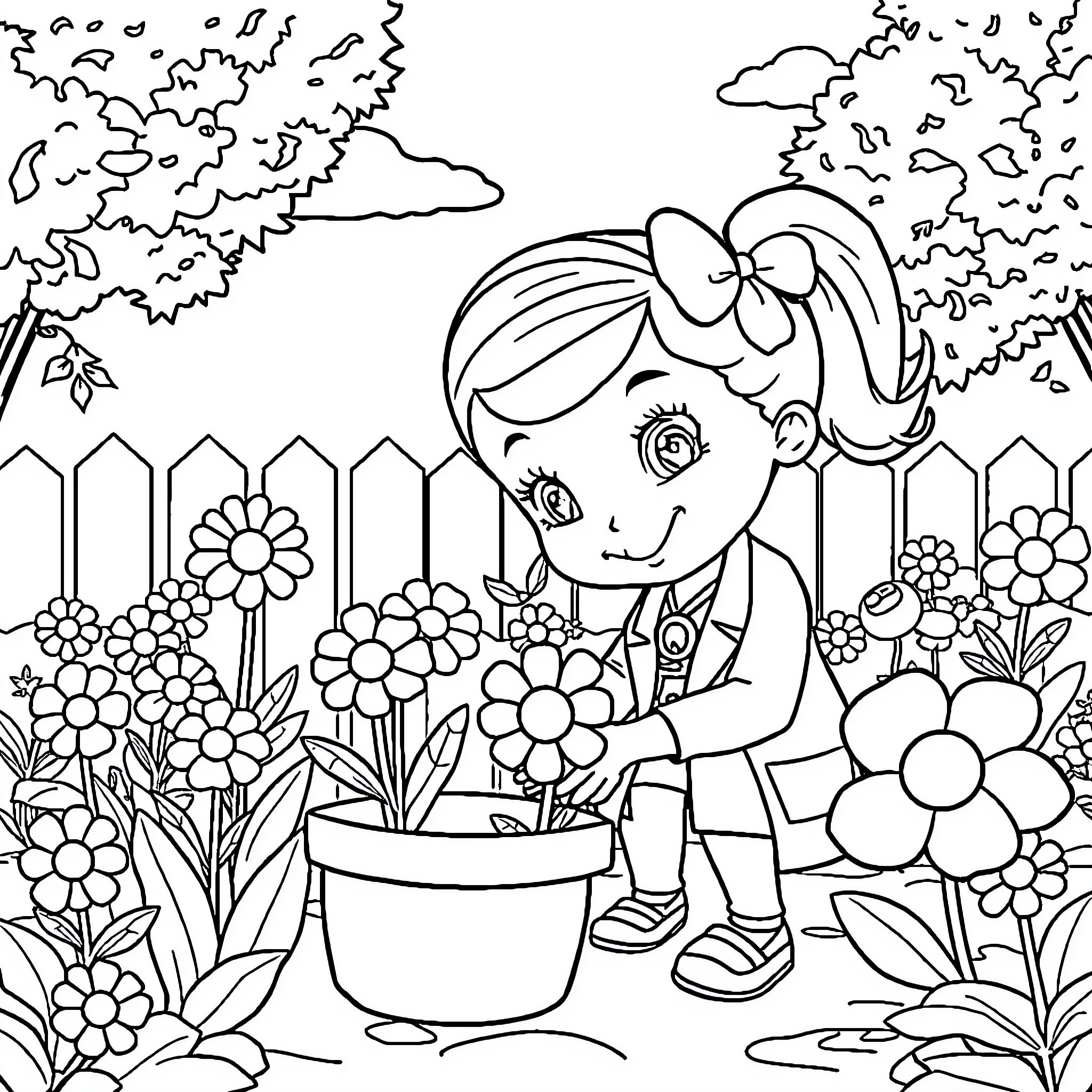 Doc McStuffins tending to flowers in the garden Coloring Page (free black-and-white line drawing printable PDF for all, from beginners to advanced learners, including children, teens, adults, and seniors)