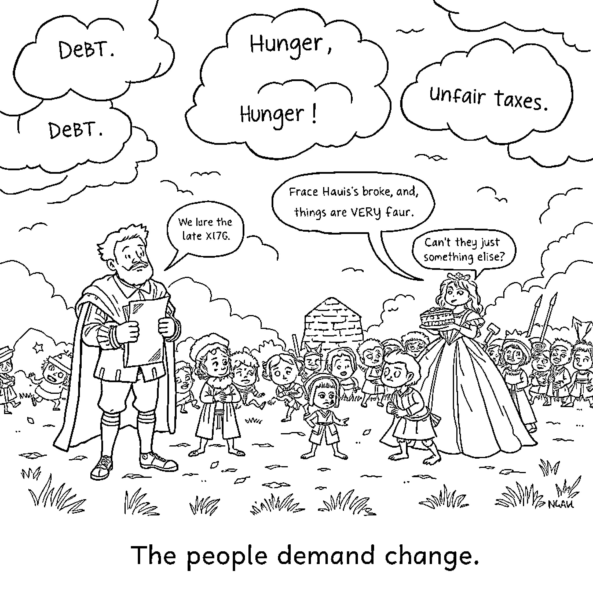 King Louis XVI confronted by demands for change Coloring Page (free black-and-white line drawing printable PDF for all, from beginners to advanced learners, including children, teens, adults, and seniors)