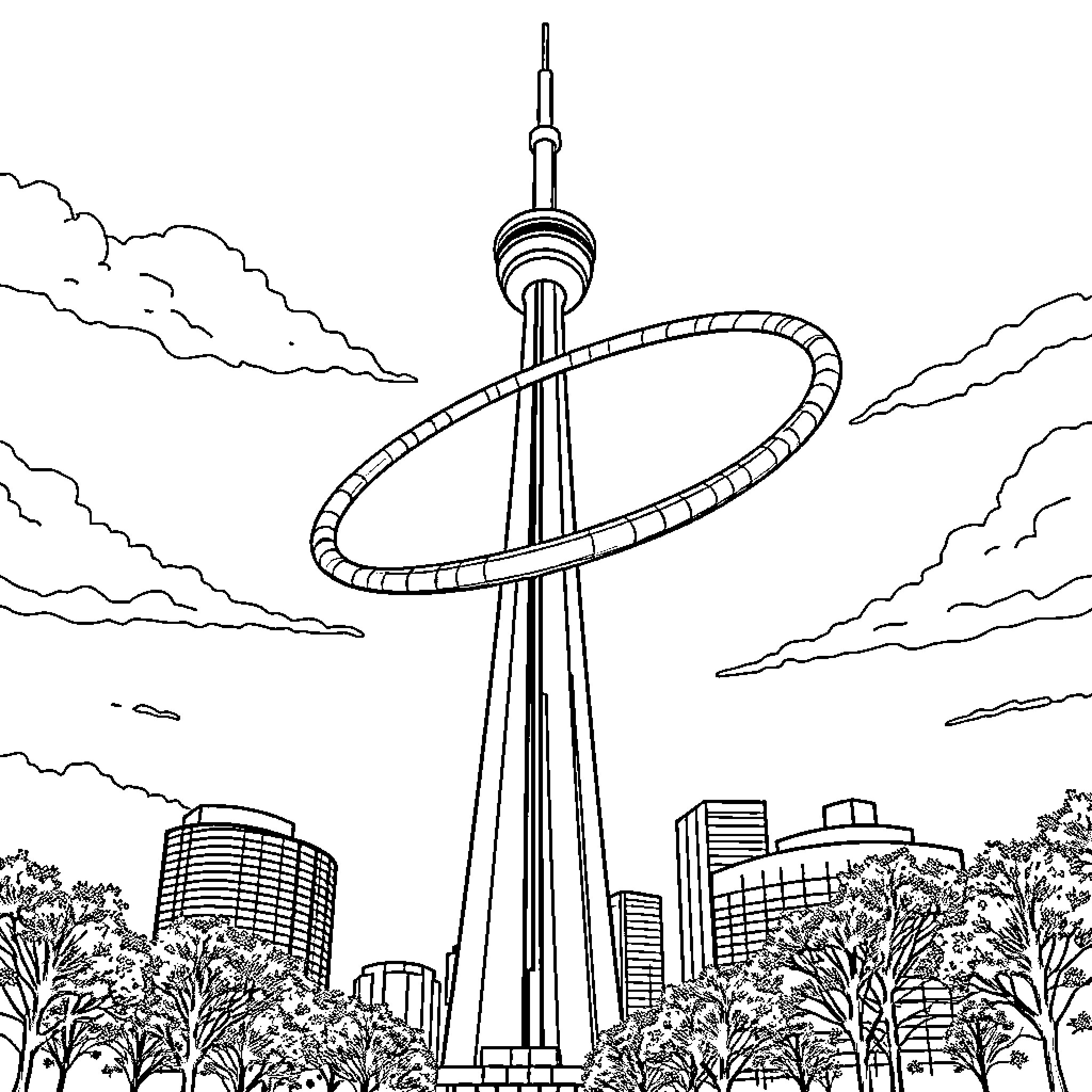 CN Tower soaring above the city skyline Coloring Page (free black-and-white line drawing printable PDF for all, from beginners to advanced learners, including children, teens, adults, and seniors)