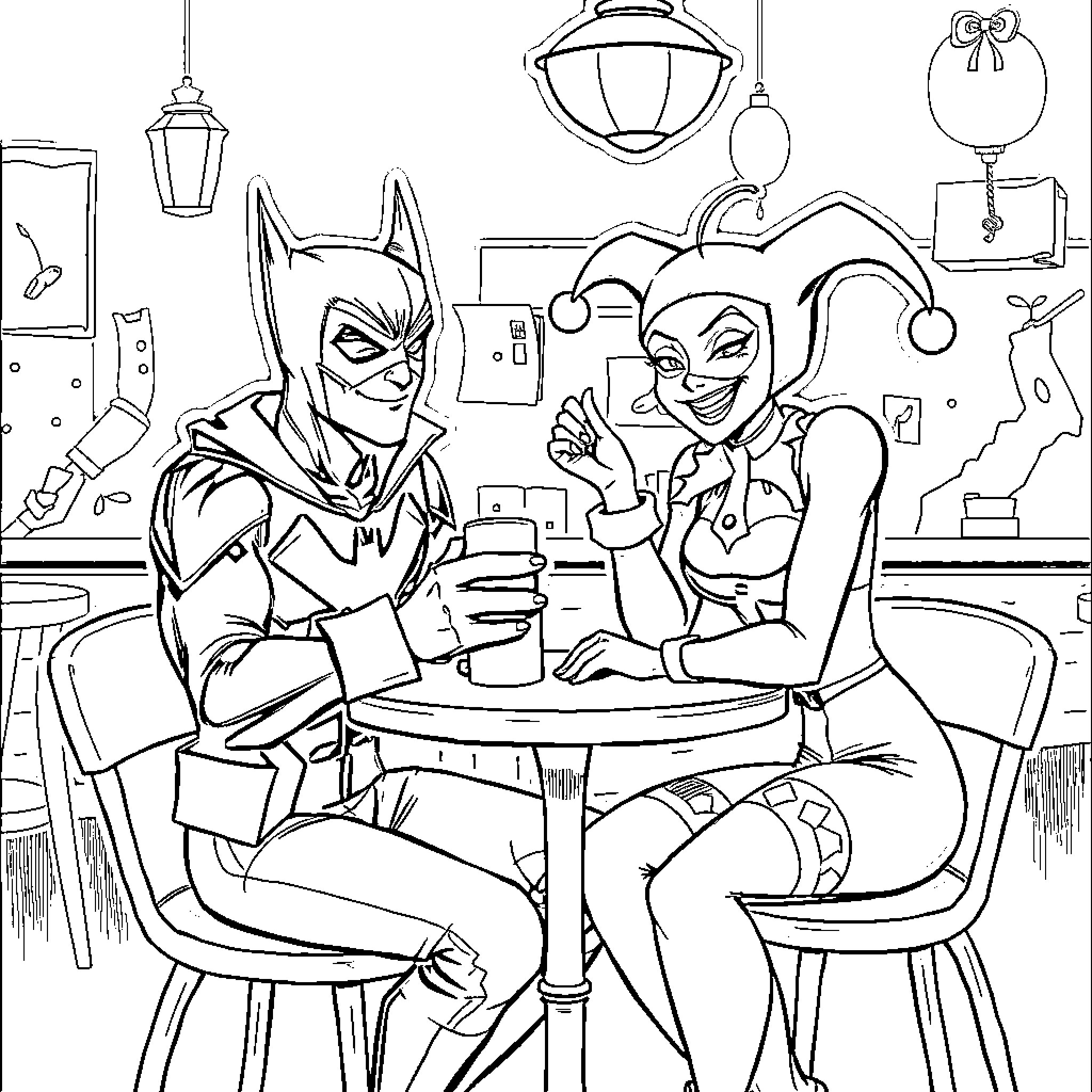 Nightwing and Harley Quinn in a Casual Encounter Coloring Page (free black-and-white line drawing printable PDF for all, from beginners to advanced learners, including children, teens, adults, and seniors)