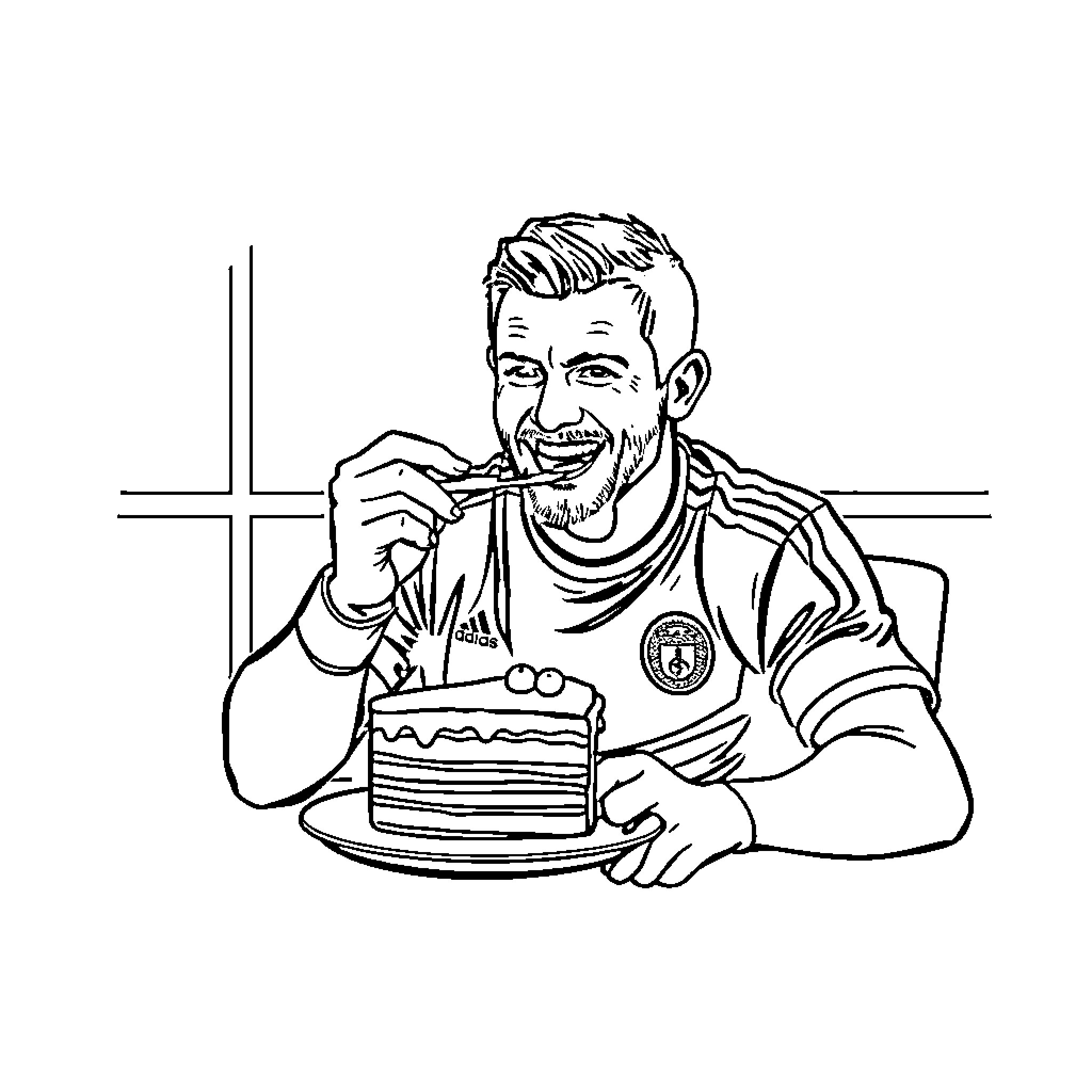 Wayne Rooney enjoying a slice of cake Coloring Page (free black-and-white line drawing printable PDF for all, from beginners to advanced learners, including children, teens, adults, and seniors)