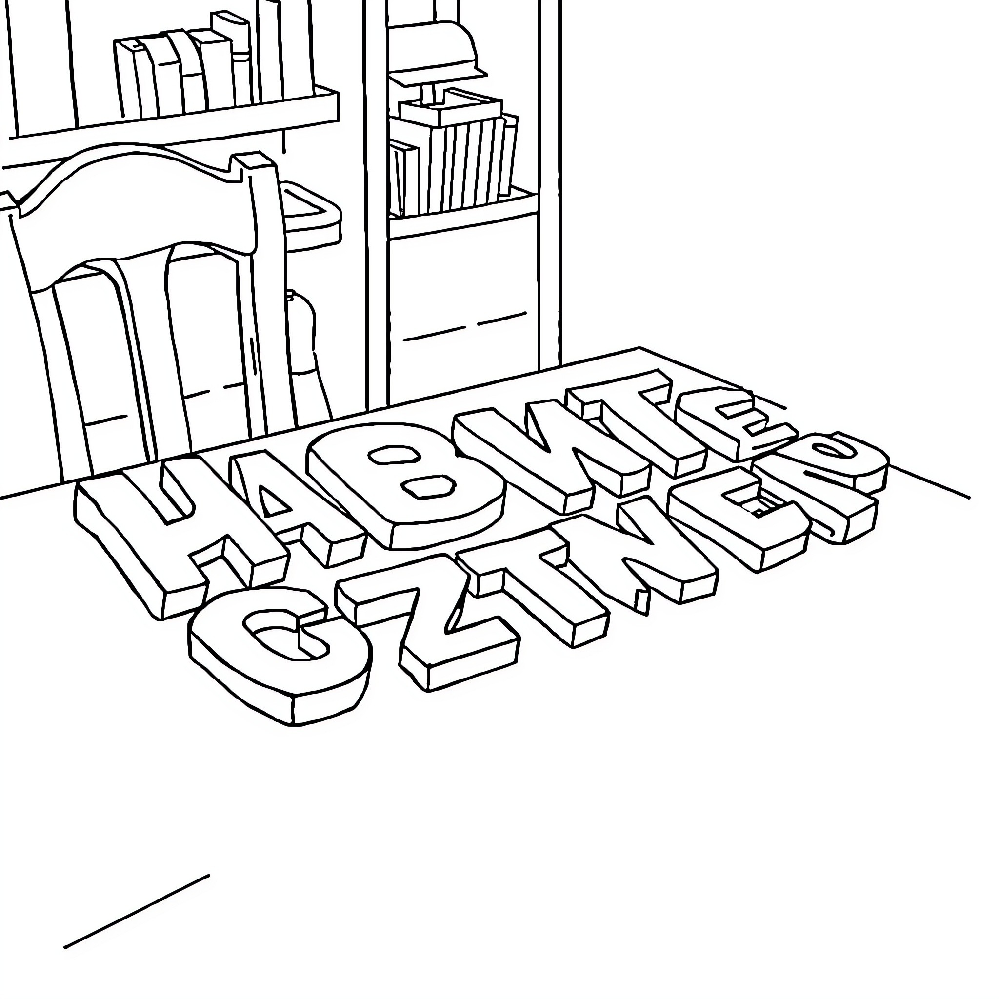 Letters on Bookshelf Coloring Page (free black-and-white line drawing printable PDF for all, from beginners to advanced learners, including children, teens, adults, and seniors)