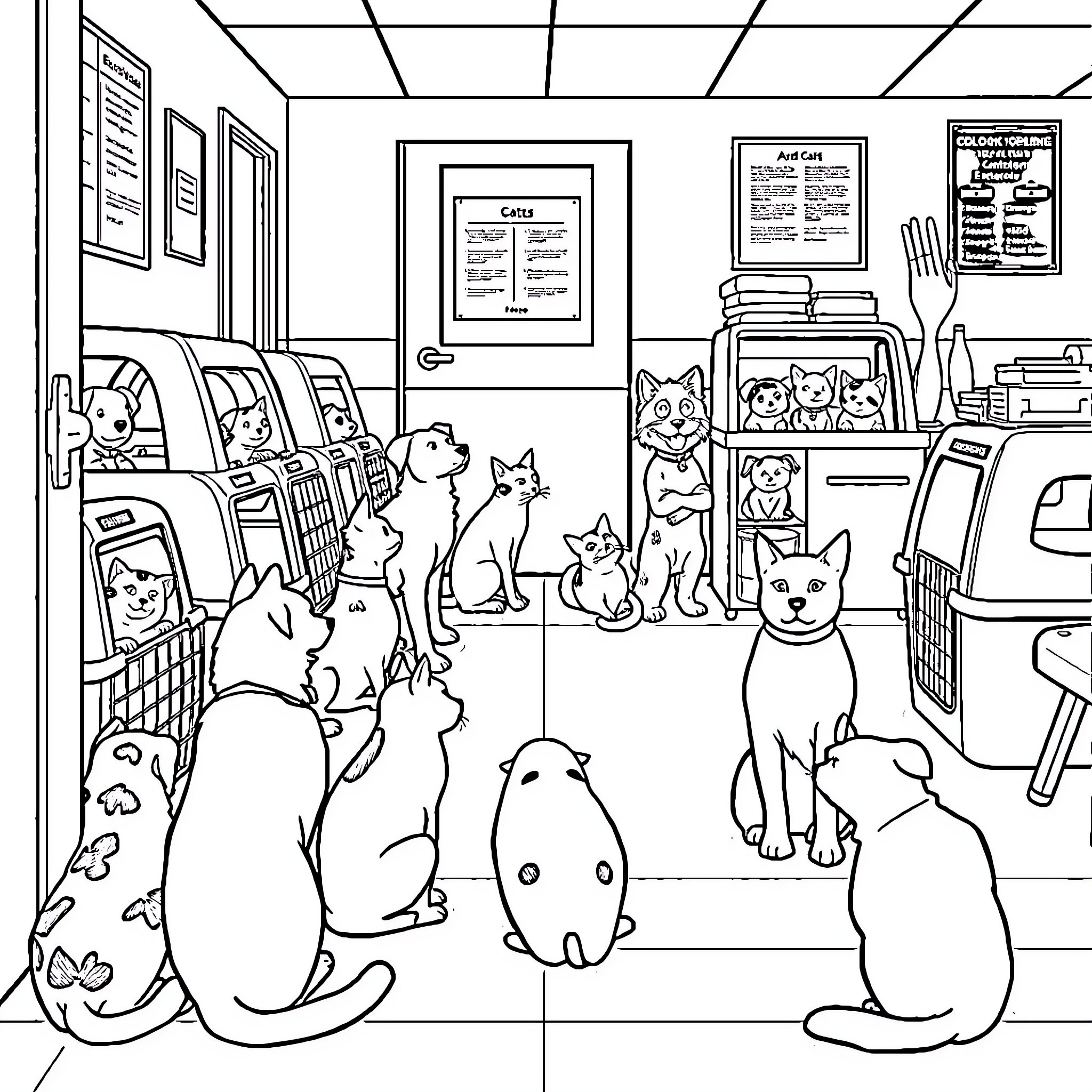 Dog and Cat playing and waiting at the pet adoption center Coloring Page (free black-and-white line drawing printable PDF for all, from beginners to advanced learners, including children, teens, adults, and seniors)