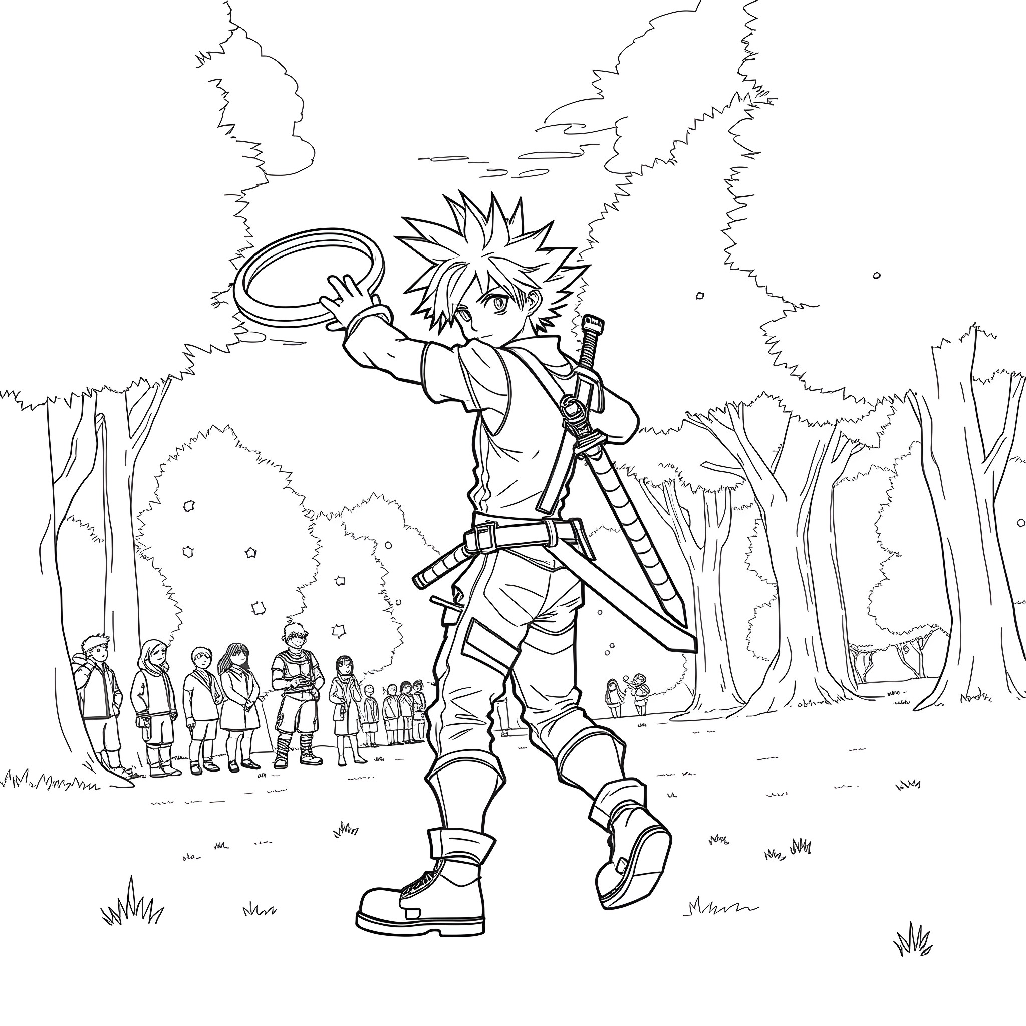 Cloud Strife fighting against enemies in a forest setting Coloring Page (free black-and-white line drawing printable PDF for all, from beginners to advanced learners, including children, teens, adults, and seniors)