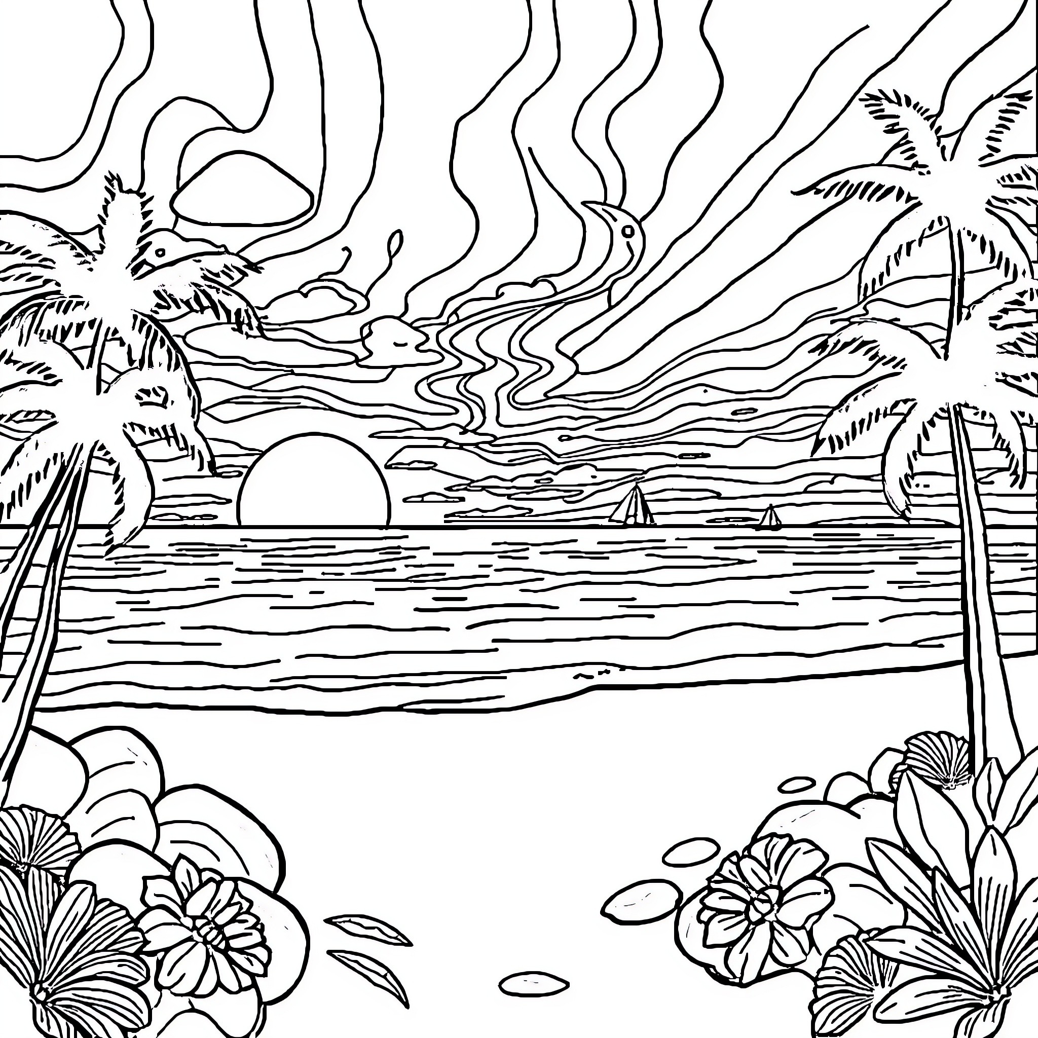 Beach scene with tropical landscape and sunset Coloring Page (free black-and-white line drawing printable PDF for all, from beginners to advanced learners, including children, teens, adults, and seniors)
