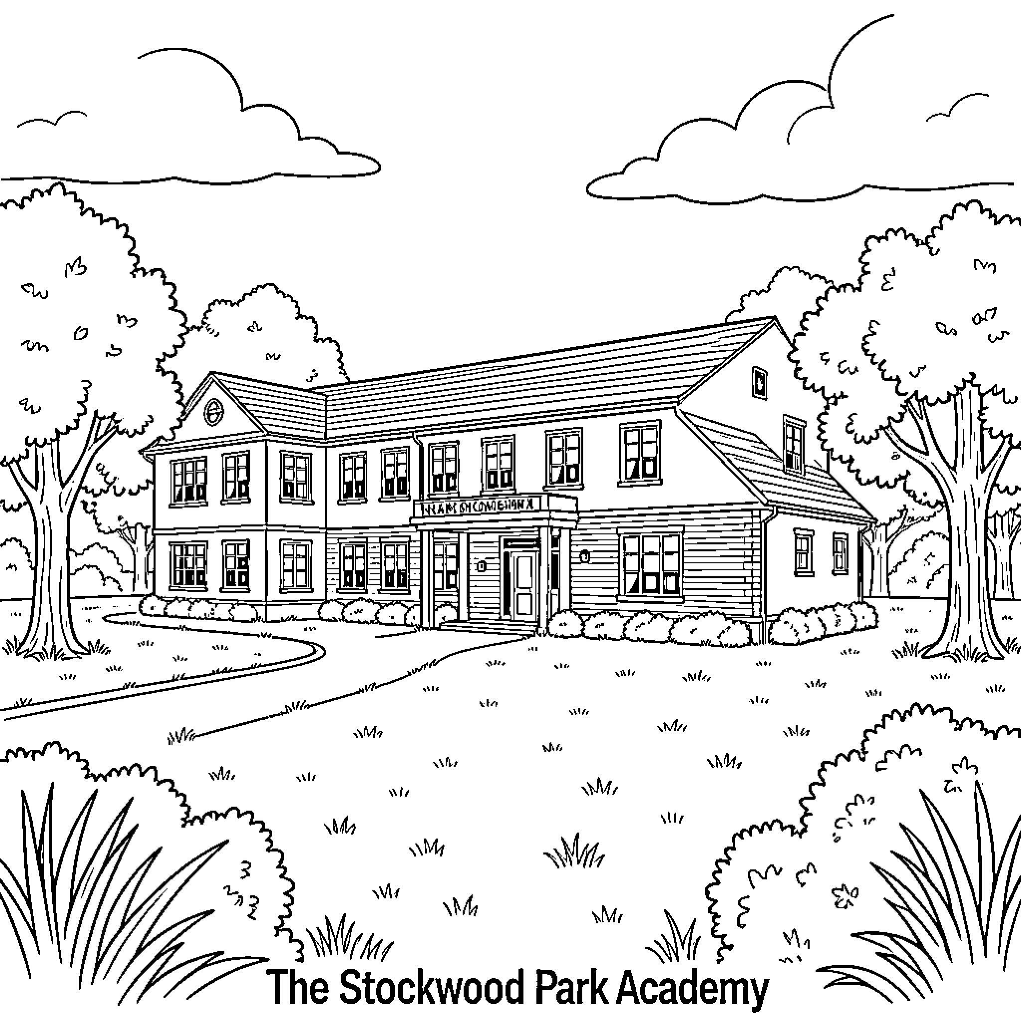 Stockwood Park Academy building surrounded by trees and grass Coloring Page (free black-and-white line drawing printable PDF for all, from beginners to advanced learners, including children, teens, adults, and seniors)