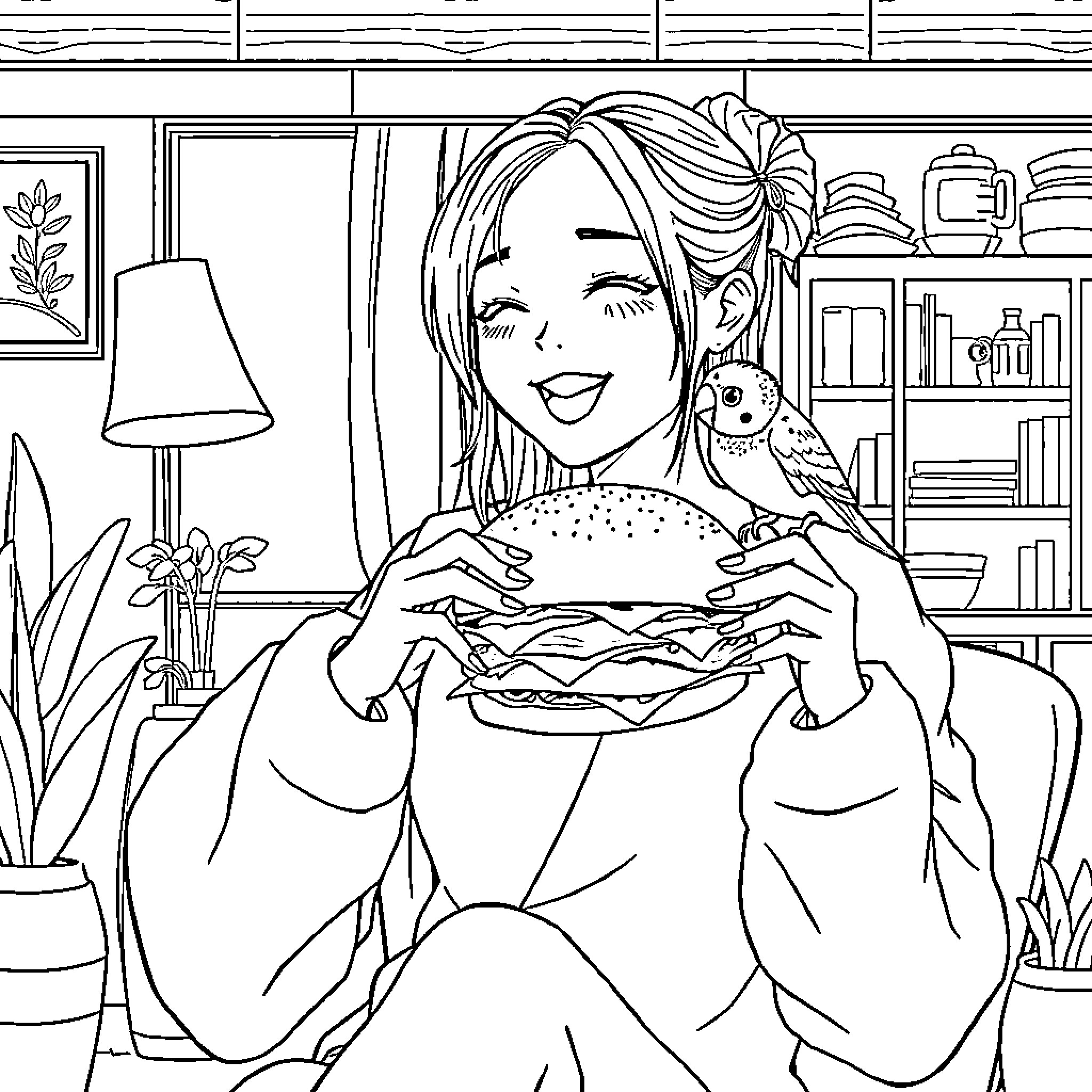Woman enjoying a delicious burger in her cozy home Coloring Page (free black-and-white line drawing printable PDF for all, from beginners to advanced learners, including children, teens, adults, and seniors)