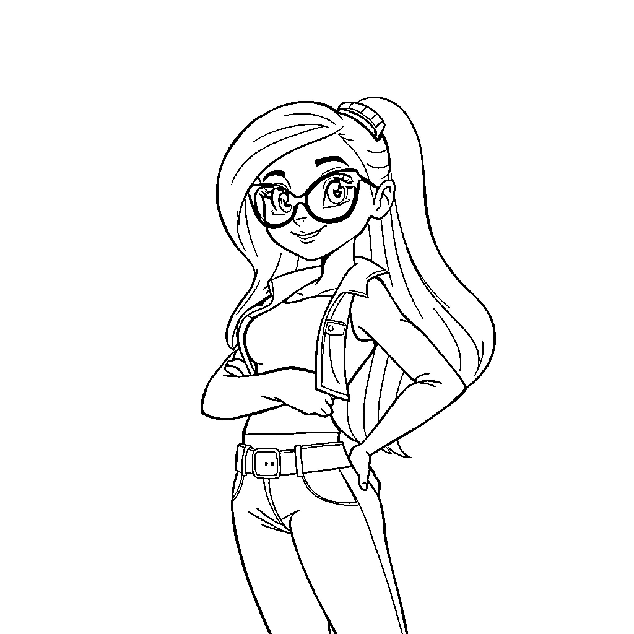 Kim Possible in confident action pose Coloring Page (free black-and-white line drawing printable PDF for all, from beginners to advanced learners, including children, teens, adults, and seniors)