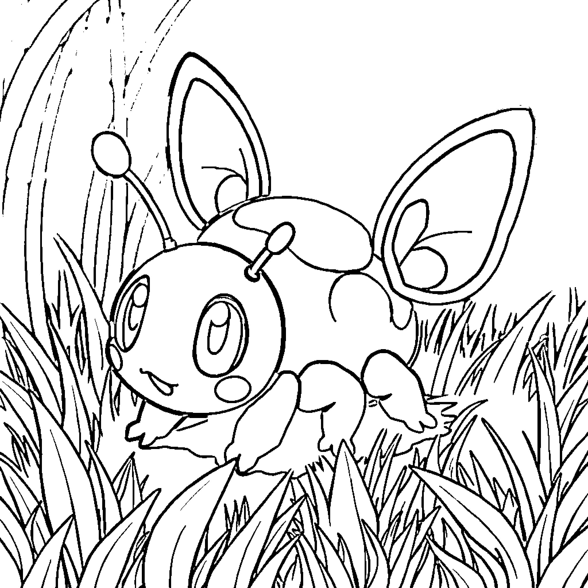 Caterpie hiding in tall grass Coloring Page (free black-and-white line drawing printable PDF for all, from beginners to advanced learners, including children, teens, adults, and seniors)