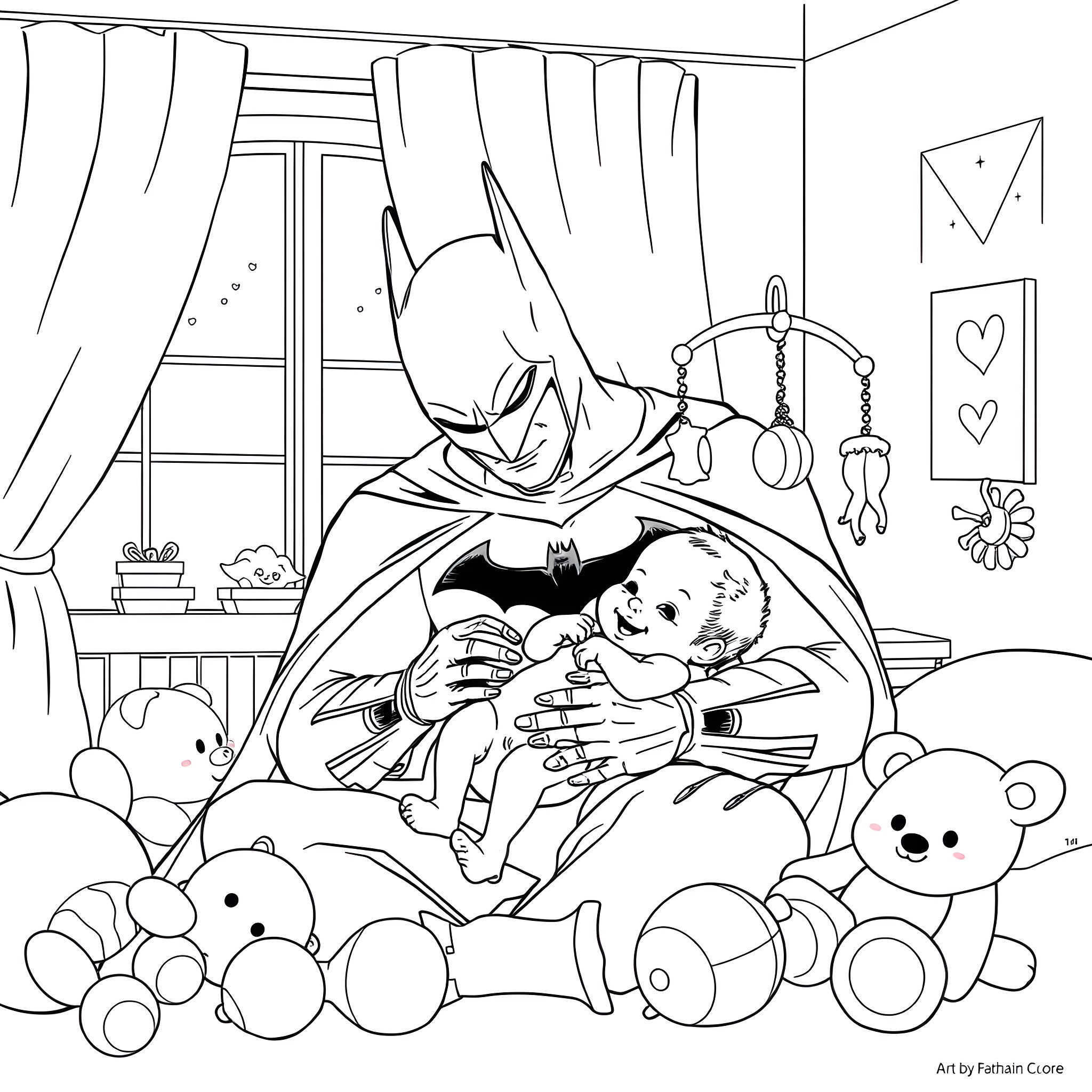 Batman comforting and protecting a child surrounded by toys Coloring Page (free black-and-white line drawing printable PDF for all, from beginners to advanced learners, including children, teens, adults, and seniors)