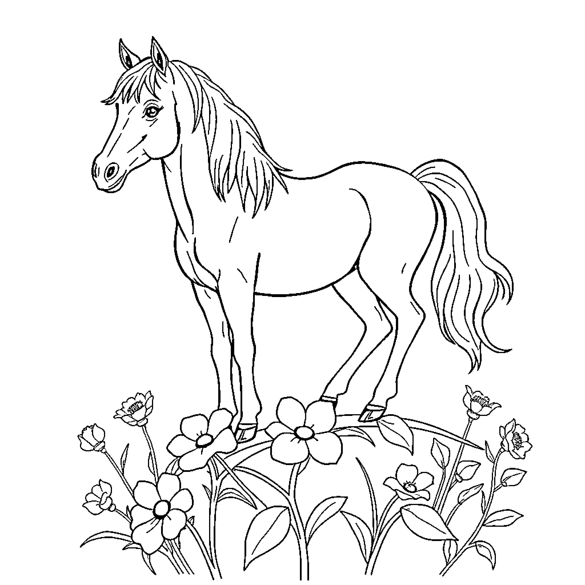Horse standing amidst flowers Coloring Page (free black-and-white line drawing printable PDF for all, from beginners to advanced learners, including children, teens, adults, and seniors)