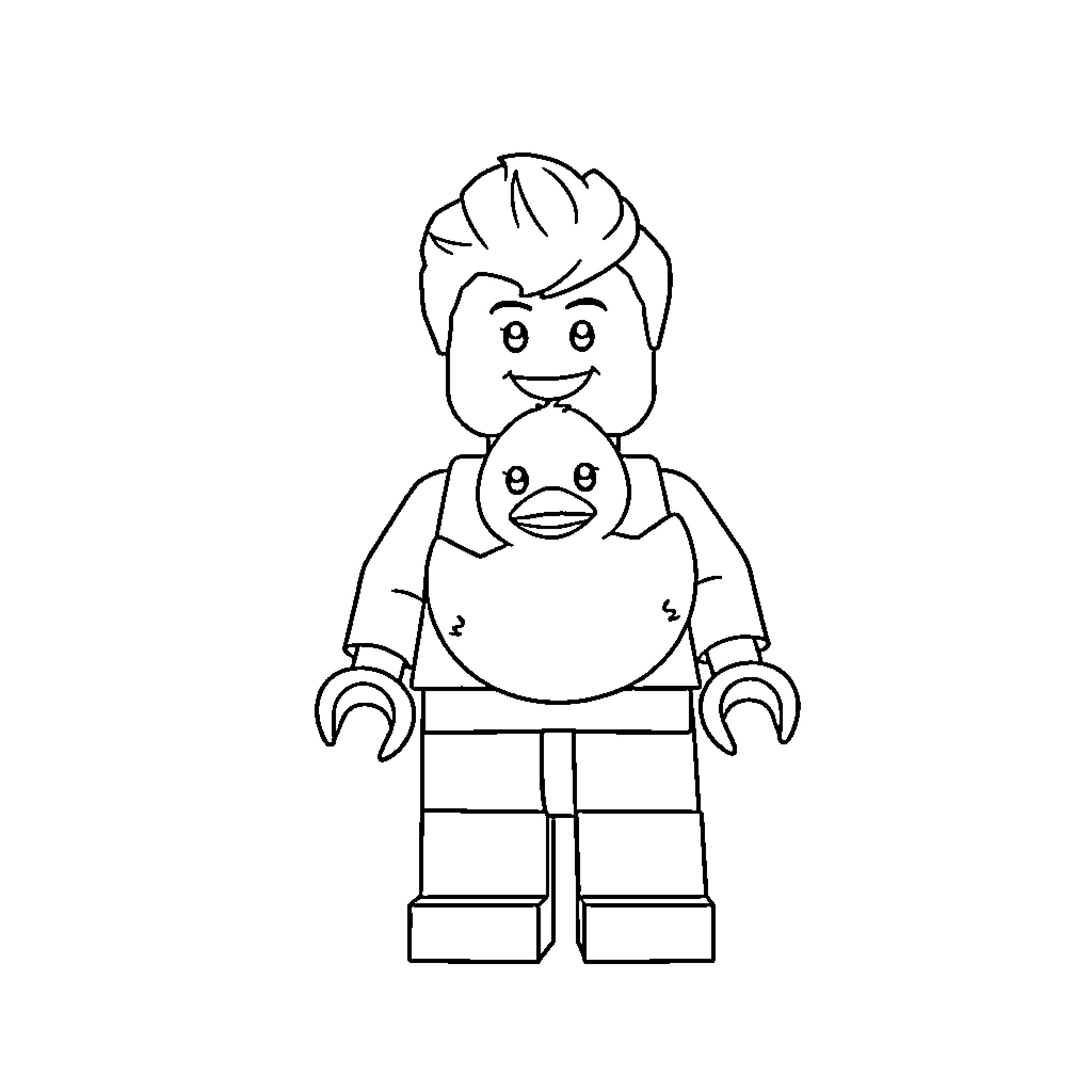 Lego Minifig playing with baby Coloring Page (free black-and-white line drawing printable PDF for all, from beginners to advanced learners, including children, teens, adults, and seniors)
