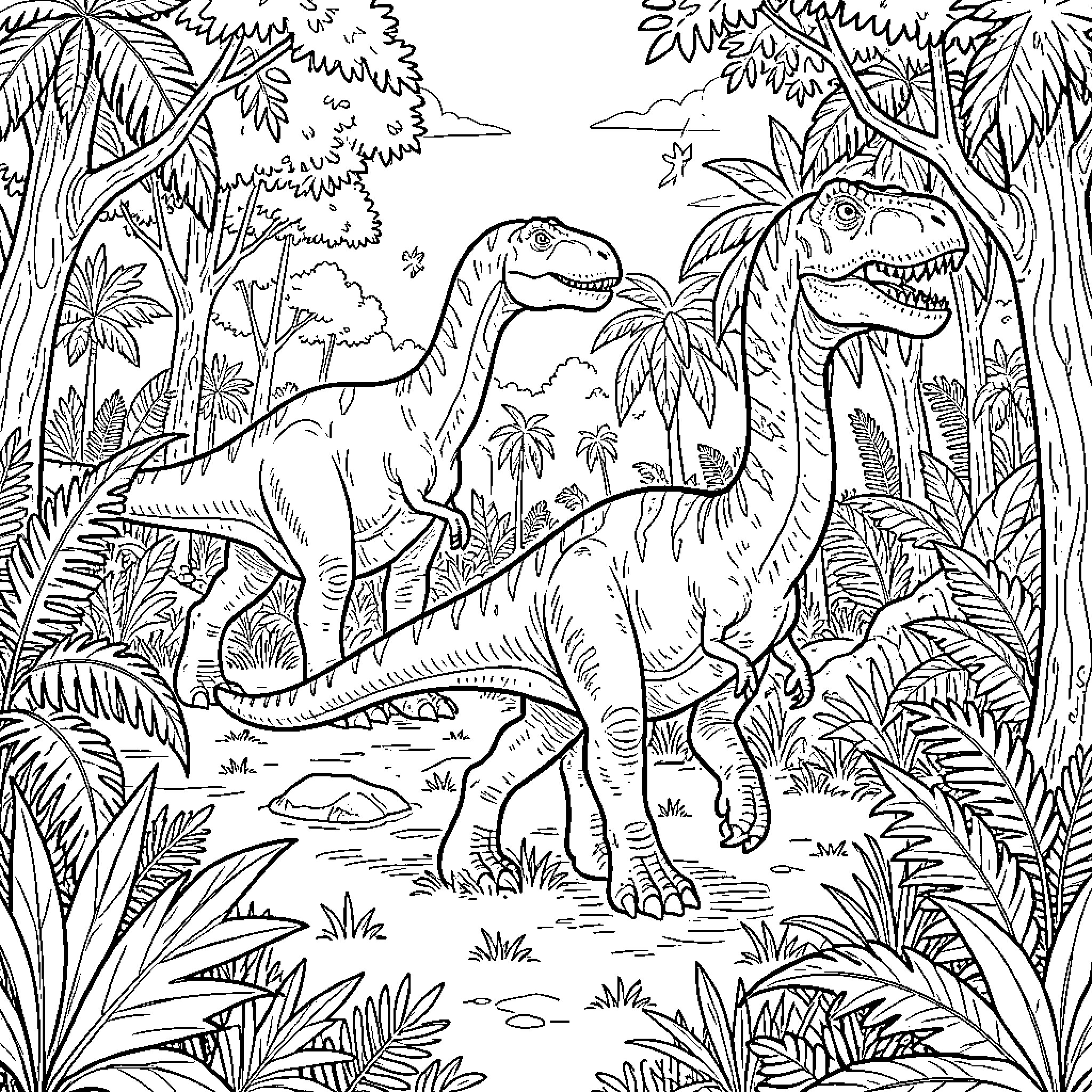 Dinosaurs roaming in the lush jungle landscape Coloring Page (free black-and-white line drawing printable PDF for all, from beginners to advanced learners, including children, teens, adults, and seniors)