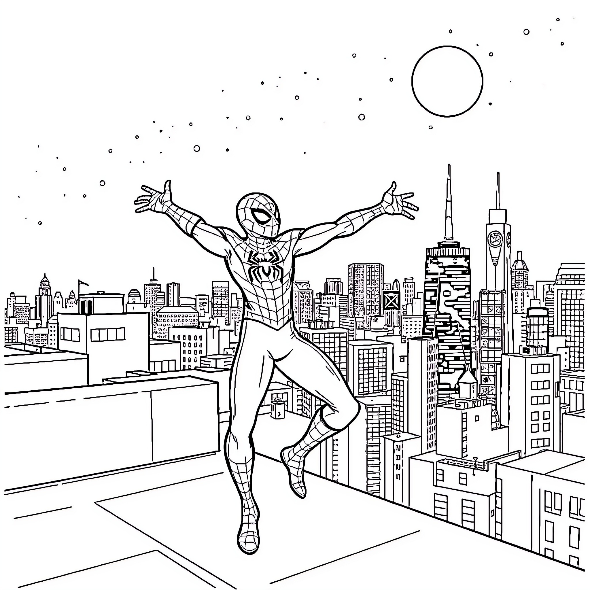 Spider-Man swinging through the city skyline Coloring Page (free black-and-white line drawing printable PDF for all, from beginners to advanced learners, including children, teens, adults, and seniors)
