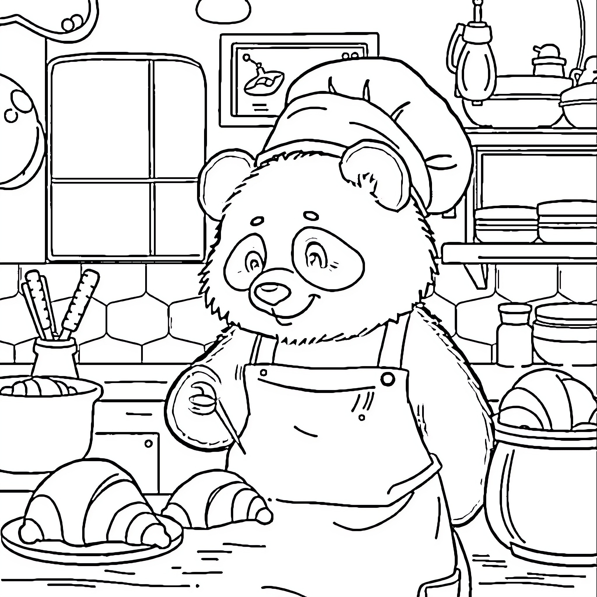 Panda Chef Cooking in the Kitchen Coloring Page (free black-and-white line drawing printable PDF for all, from beginners to advanced learners, including children, teens, adults, and seniors)