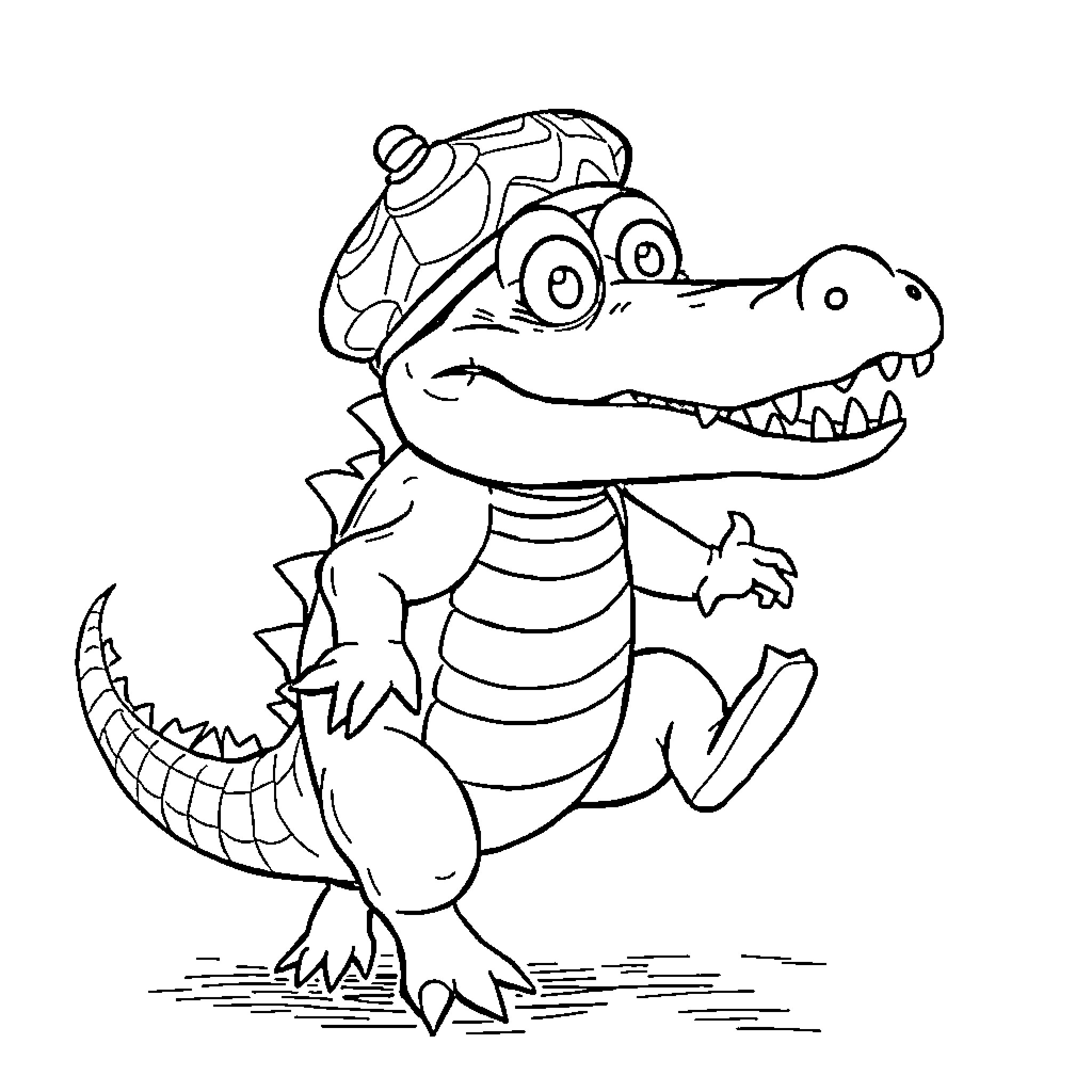 Crocodile wearing car helmet and gloves Coloring Page (free black-and-white line drawing printable PDF for all, from beginners to advanced learners, including children, teens, adults, and seniors)