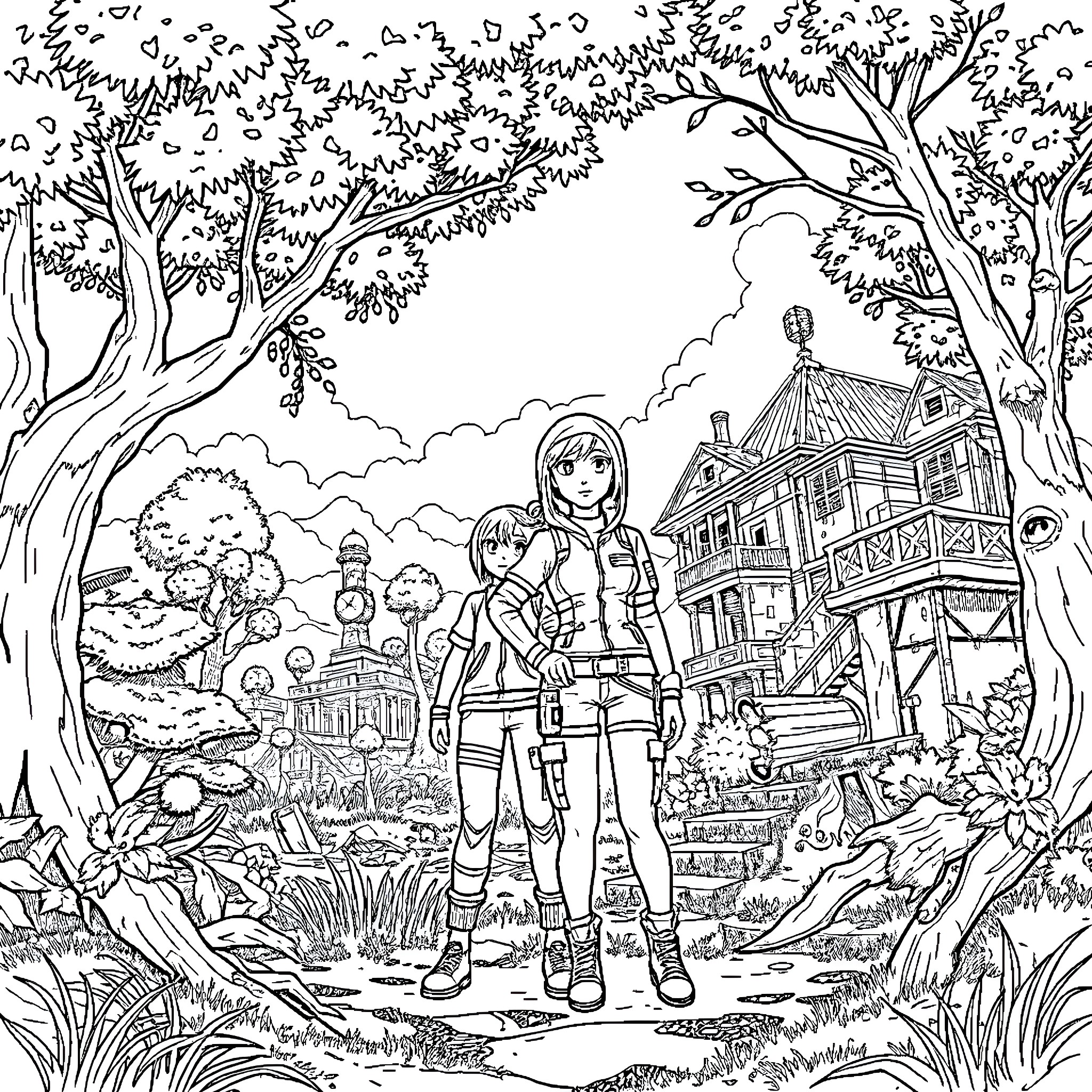 Ellie's Adventure in the Enchanted Forest Coloring Page (free black-and-white line drawing printable PDF for all, from beginners to advanced learners, including children, teens, adults, and seniors)