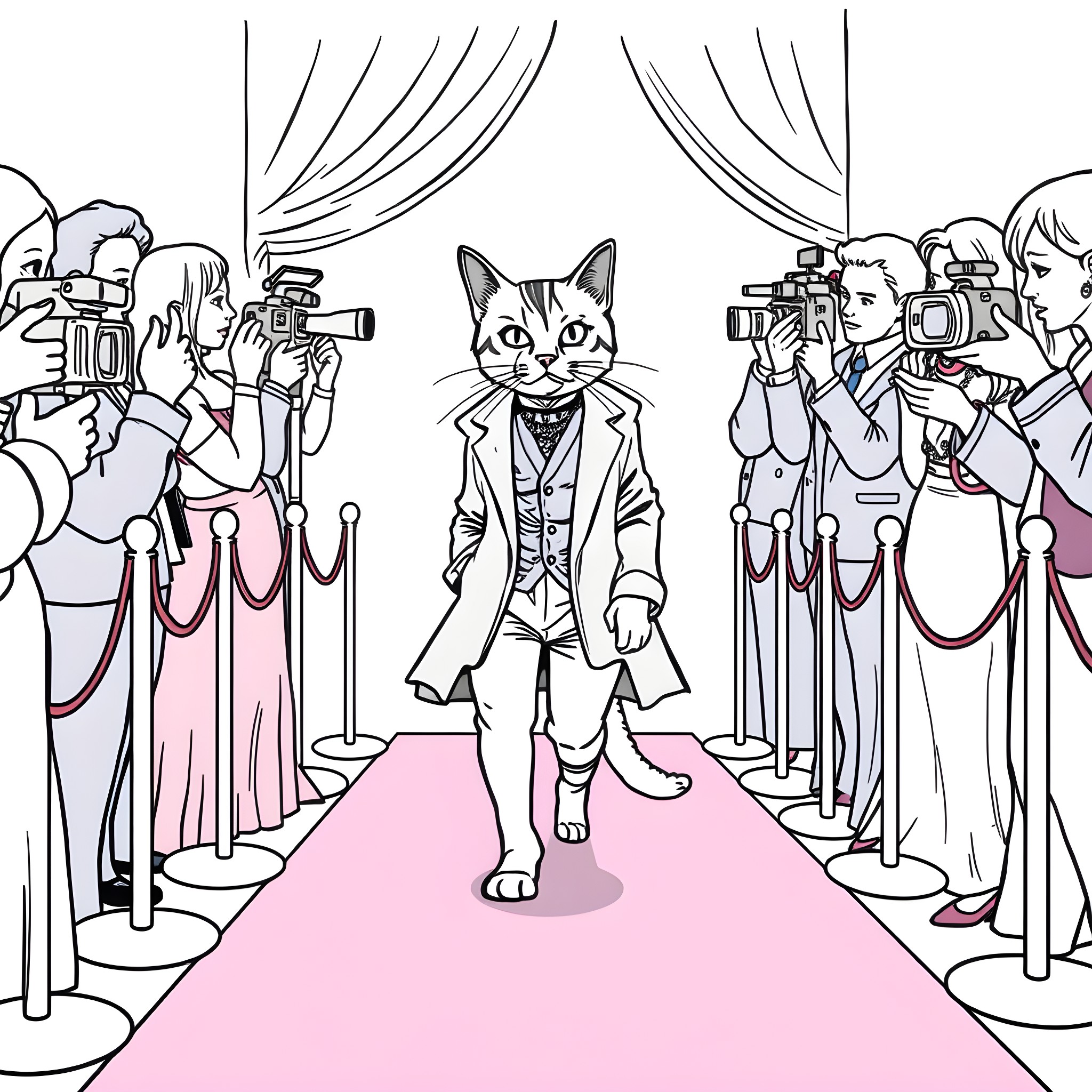 Cat in formal attire walking on a red carpet Coloring Page (free black-and-white line drawing printable PDF for all, from beginners to advanced learners, including children, teens, adults, and seniors)