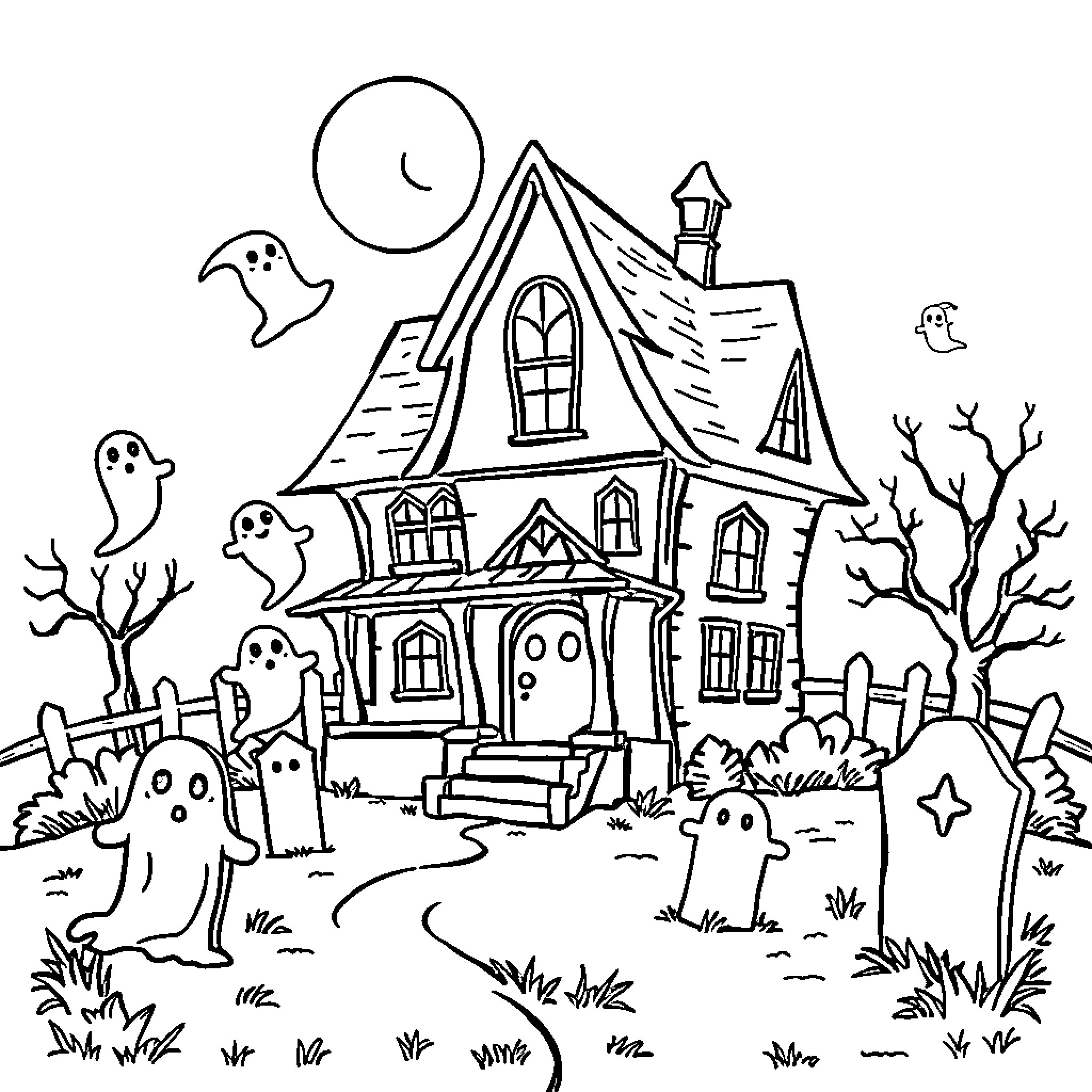 Haunted House with Ghostly Figures in Eerie Landscape Coloring Page (free black-and-white line drawing printable PDF for all, from beginners to advanced learners, including children, teens, adults, and seniors)