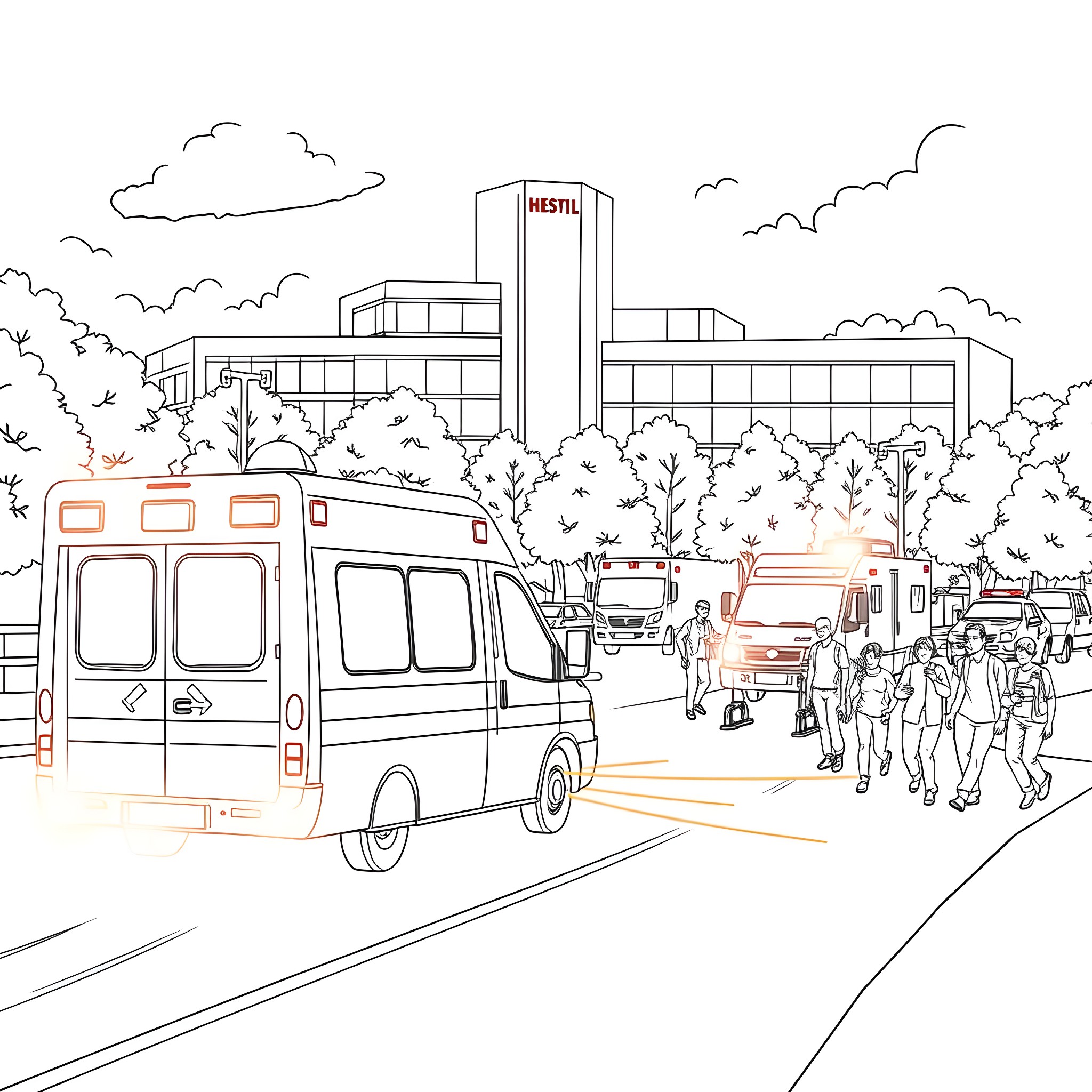 Ambulance crew responding to emergency at hospital Coloring Page (free black-and-white line drawing printable PDF for all, from beginners to advanced learners, including children, teens, adults, and seniors)