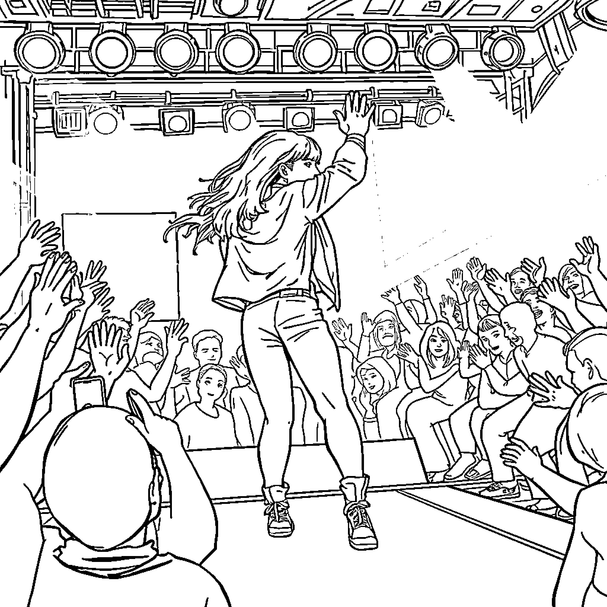 Gerreras performing on stage before crowd Coloring Page (free black-and-white line drawing printable PDF for all, from beginners to advanced learners, including children, teens, adults, and seniors)