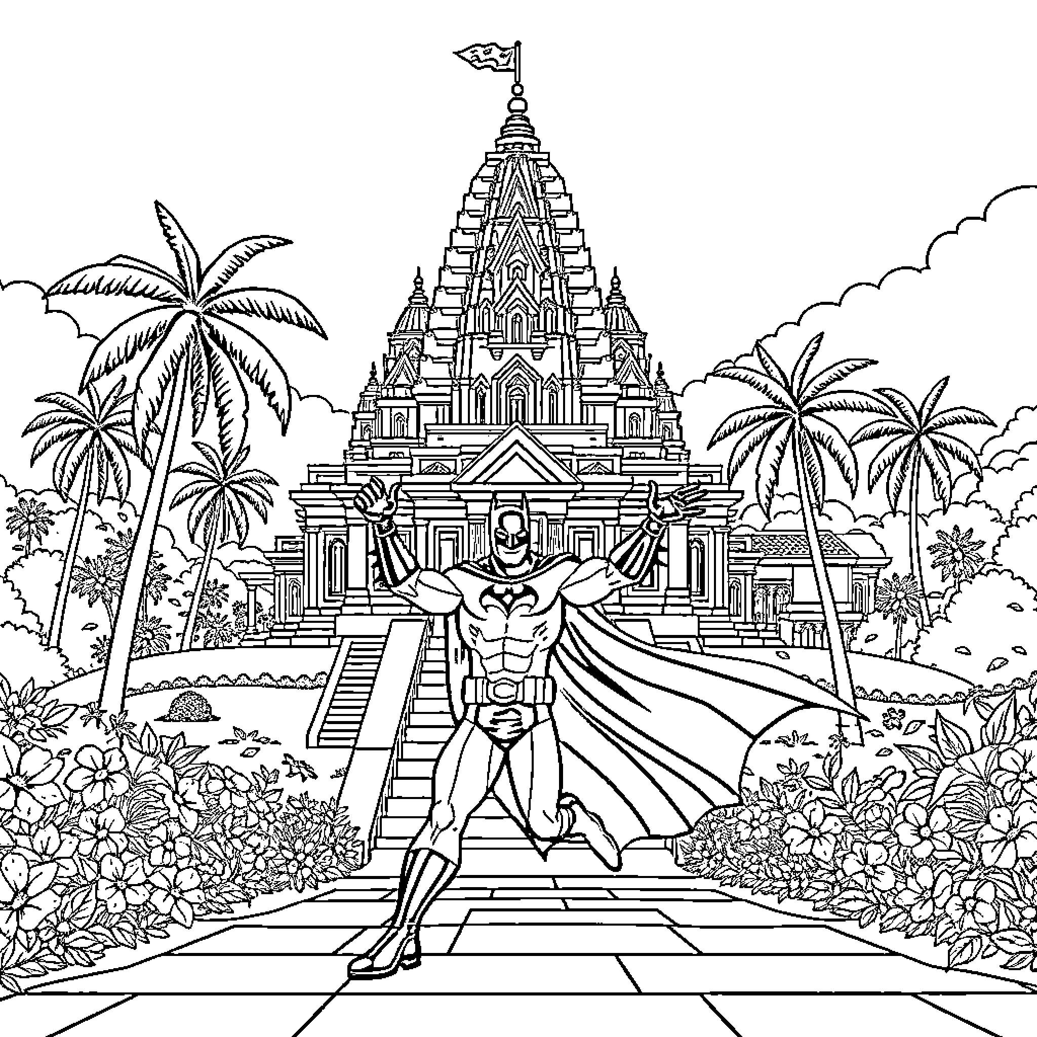 Batman Protects the Majestic Temple Amid Lush Surroundings Coloring Page (free black-and-white line drawing printable PDF for all, from beginners to advanced learners, including children, teens, adults, and seniors)