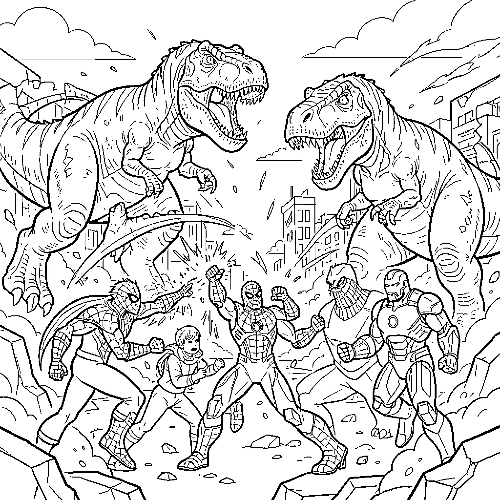 Dinosaur giants battling superheroes in a destroyed city Coloring Page (free black-and-white line drawing printable PDF for all, from beginners to advanced learners, including children, teens, adults, and seniors)