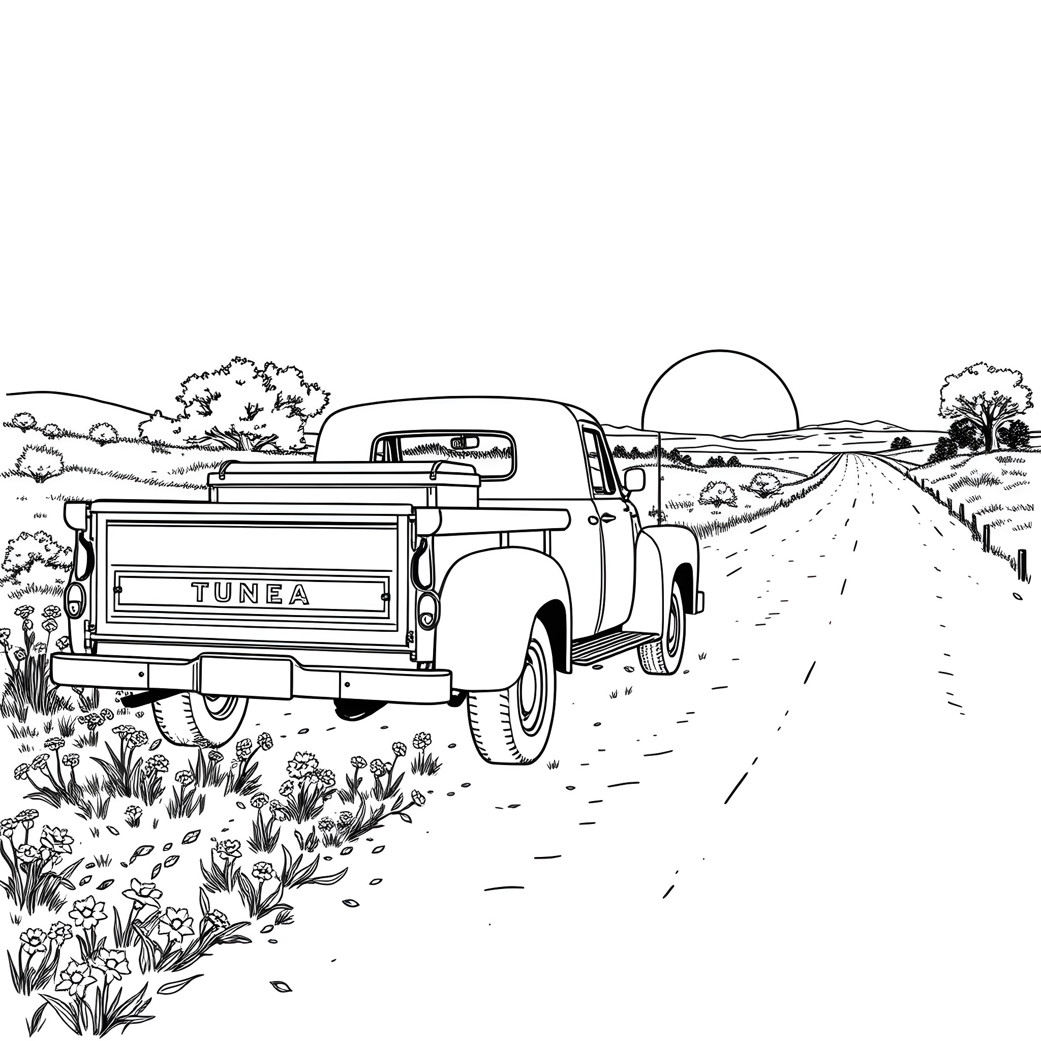 Truck traveling down a rural country road Coloring Page (free black-and-white line drawing printable PDF for all, from beginners to advanced learners, including children, teens, adults, and seniors)