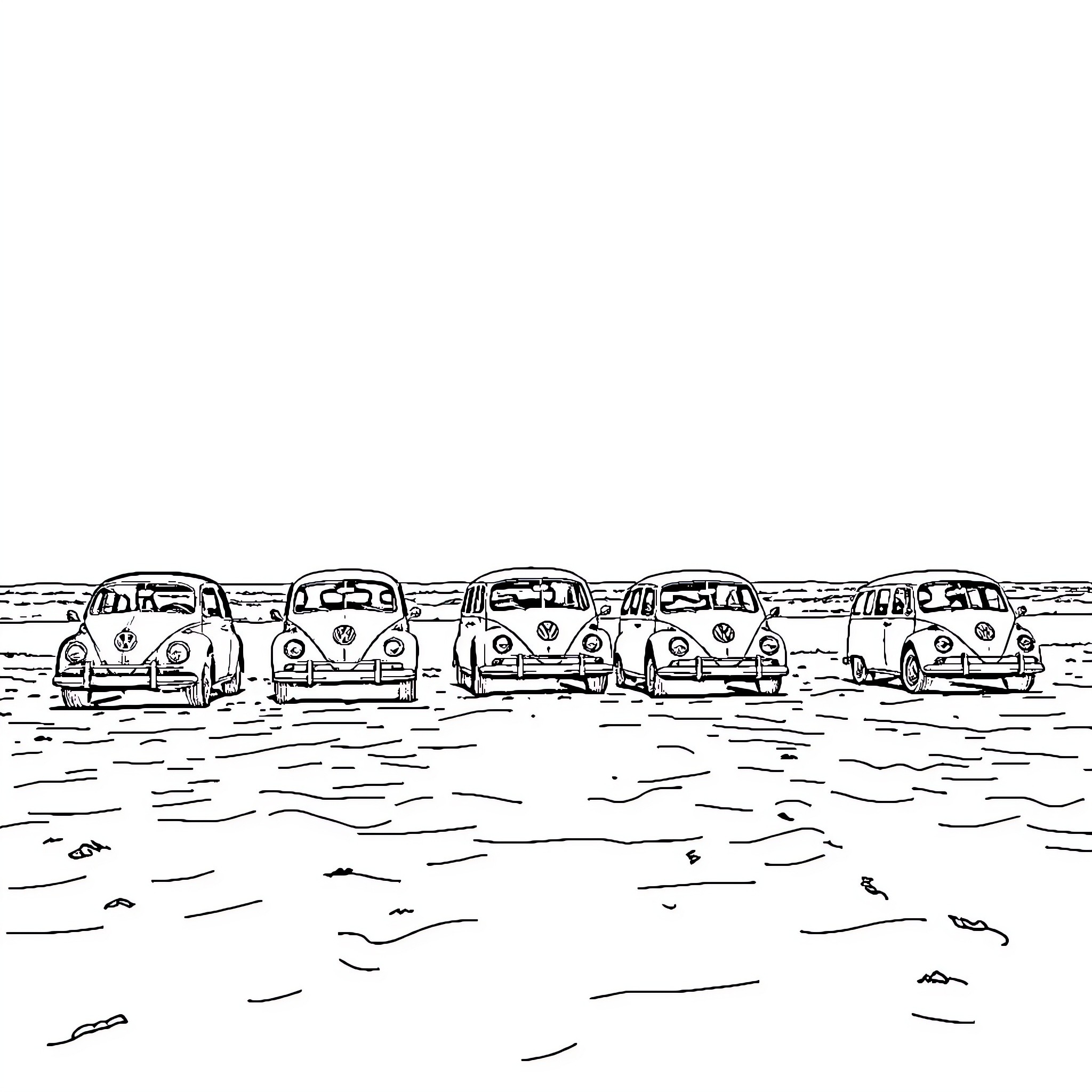 Volkswagen vintage cars parked on the beach Coloring Page (free black-and-white line drawing printable PDF for all, from beginners to advanced learners, including children, teens, adults, and seniors)