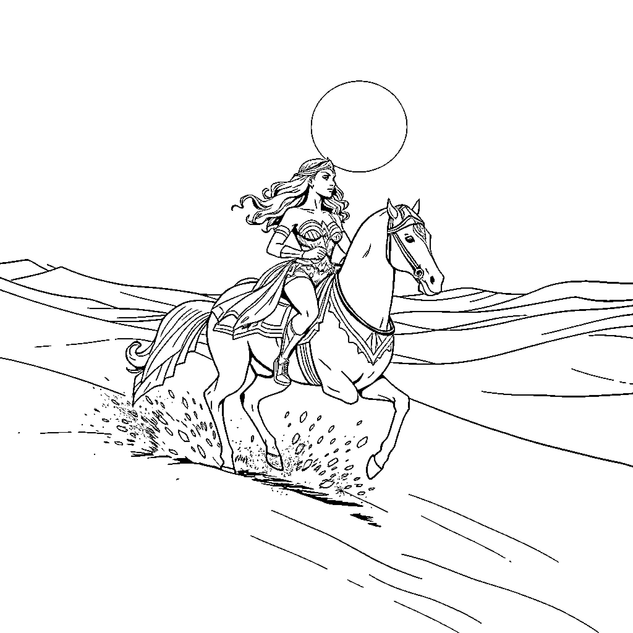 Wonder Woman riding her horse through the desert Coloring Page (free black-and-white line drawing printable PDF for all, from beginners to advanced learners, including children, teens, adults, and seniors)
