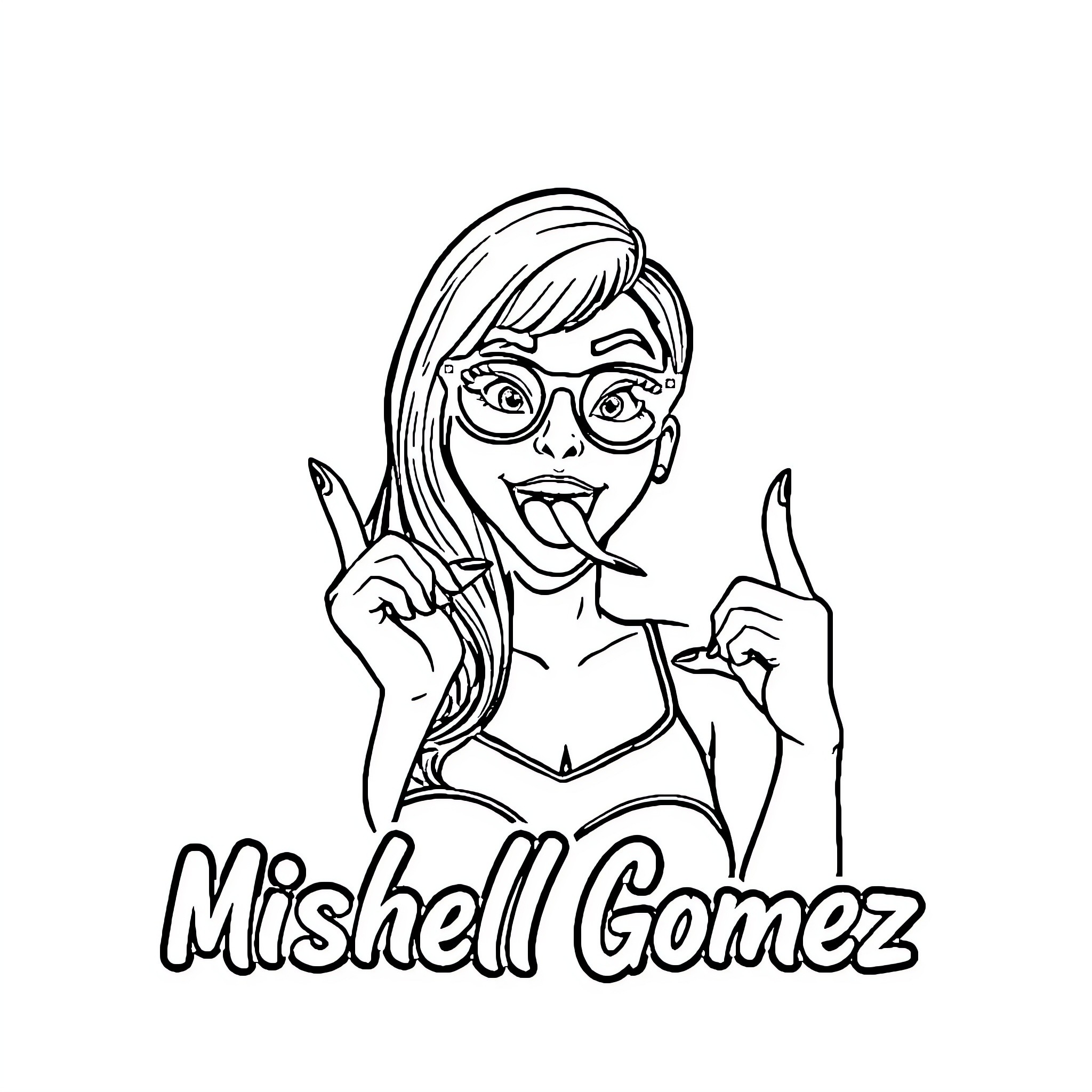Mishell Gomez making a playful gesture Coloring Page (free black-and-white line drawing printable PDF for all, from beginners to advanced learners, including children, teens, adults, and seniors)