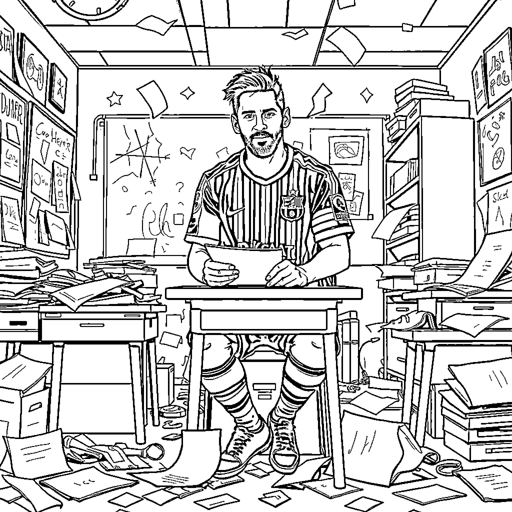Lionel Messi in a Messy Workspace Coloring Page (free black-and-white line drawing printable PDF for all, from beginners to advanced learners, including children, teens, adults, and seniors)