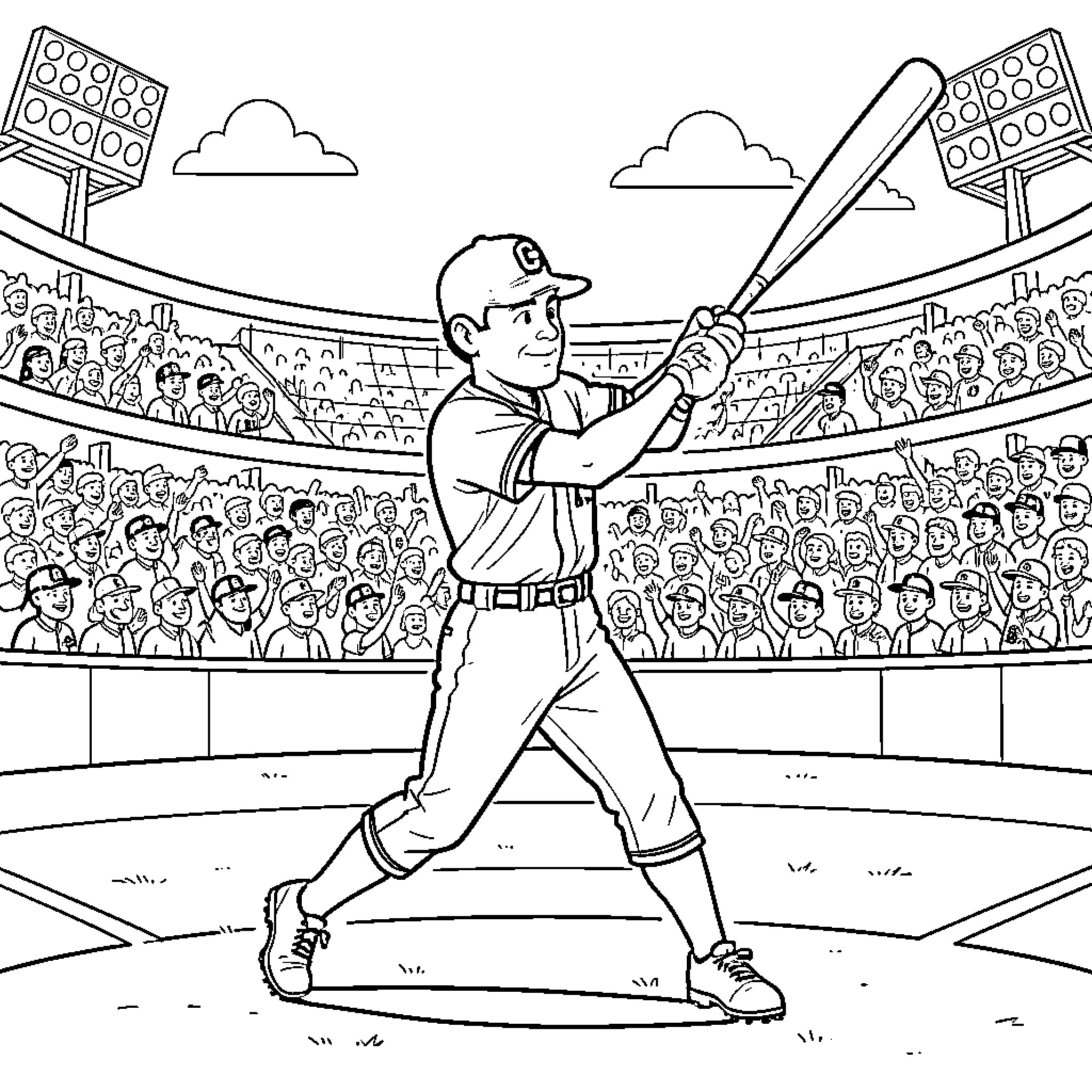 Mickey Mantle batting in a baseball stadium Coloring Page (free black-and-white line drawing printable PDF for all, from beginners to advanced learners, including children, teens, adults, and seniors)