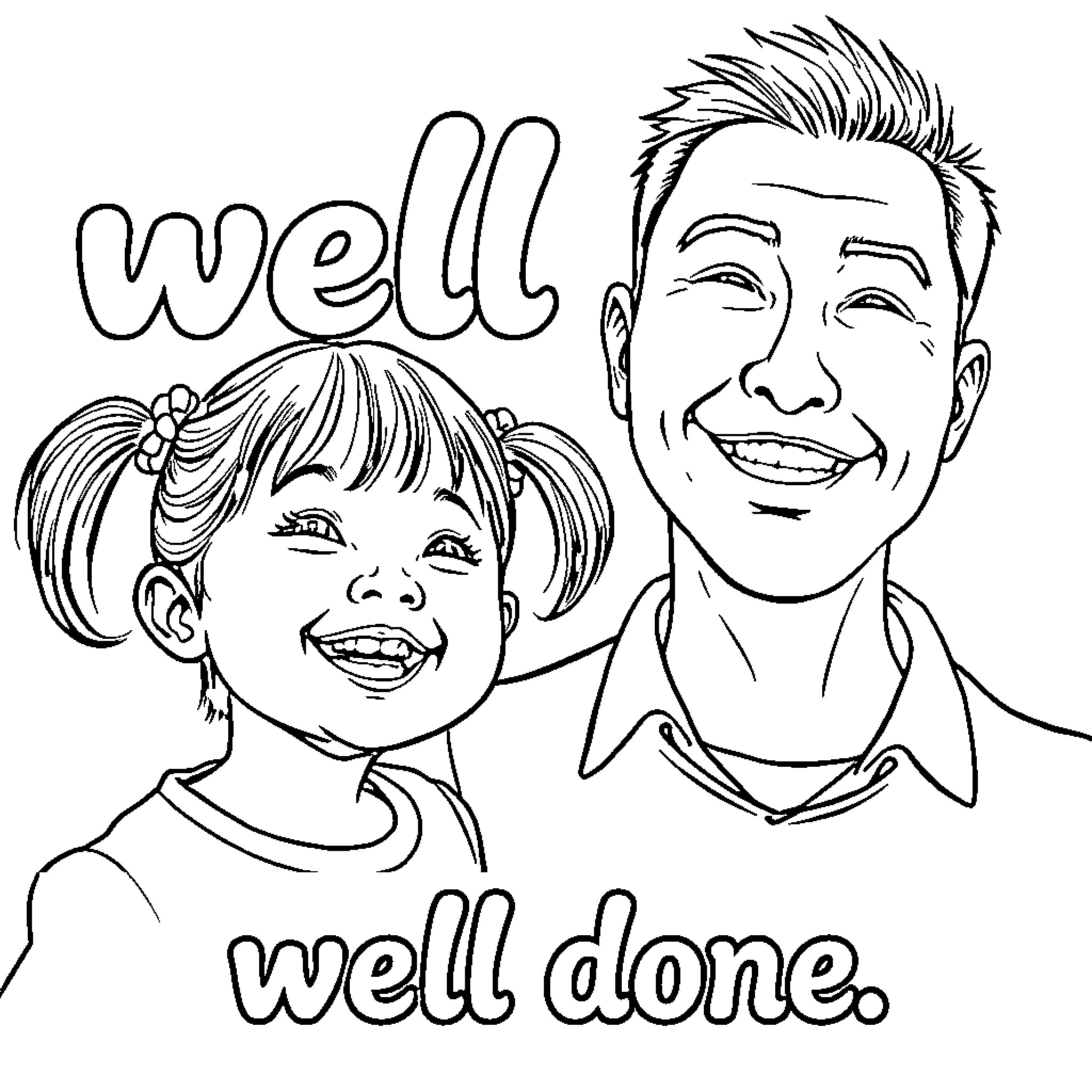 Father and daughter celebrating success together Coloring Page (free black-and-white line drawing printable PDF for all, from beginners to advanced learners, including children, teens, adults, and seniors)