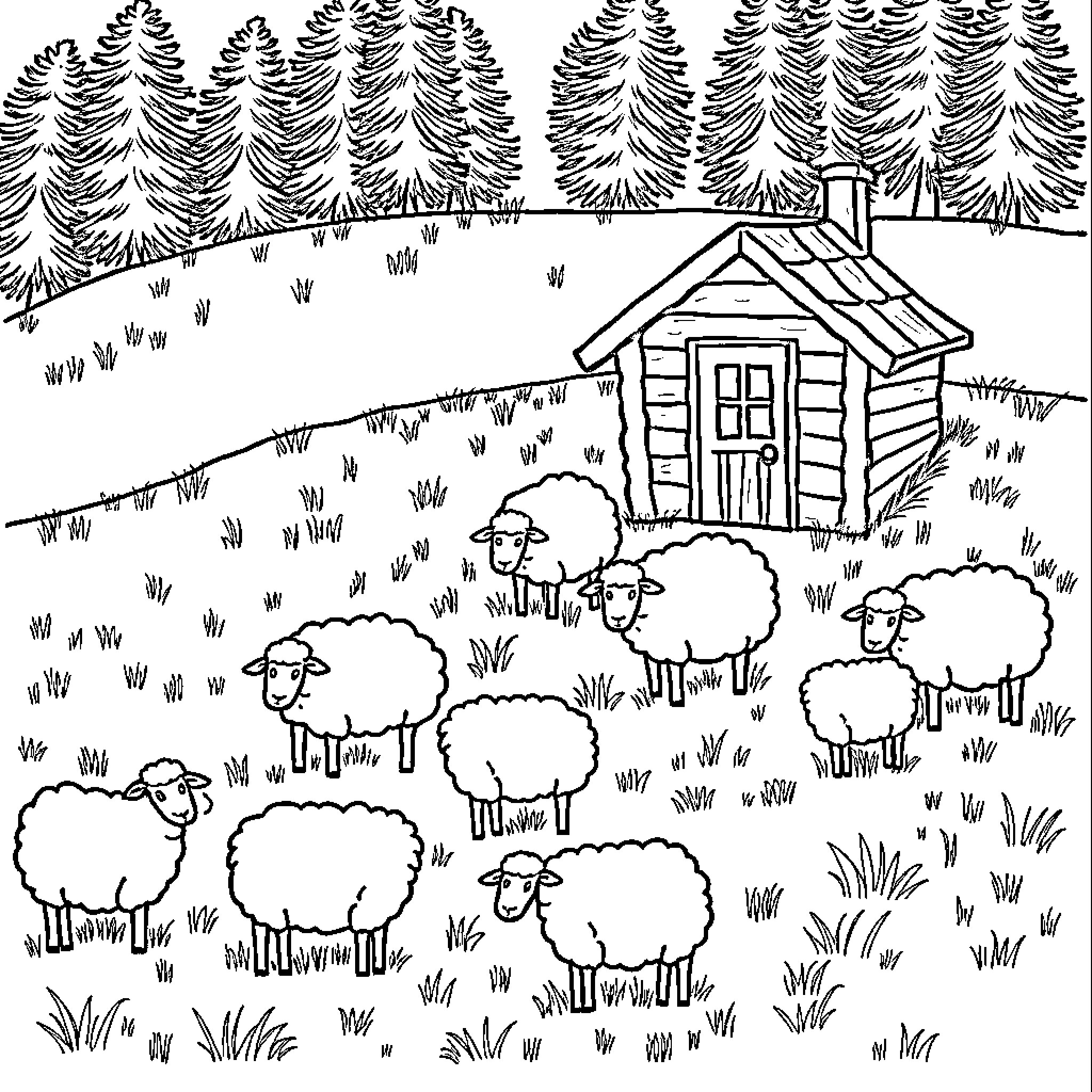 Sheep gathering near a cozy log cabin in the woods Coloring Page (free black-and-white line drawing printable PDF for all, from beginners to advanced learners, including children, teens, adults, and seniors)