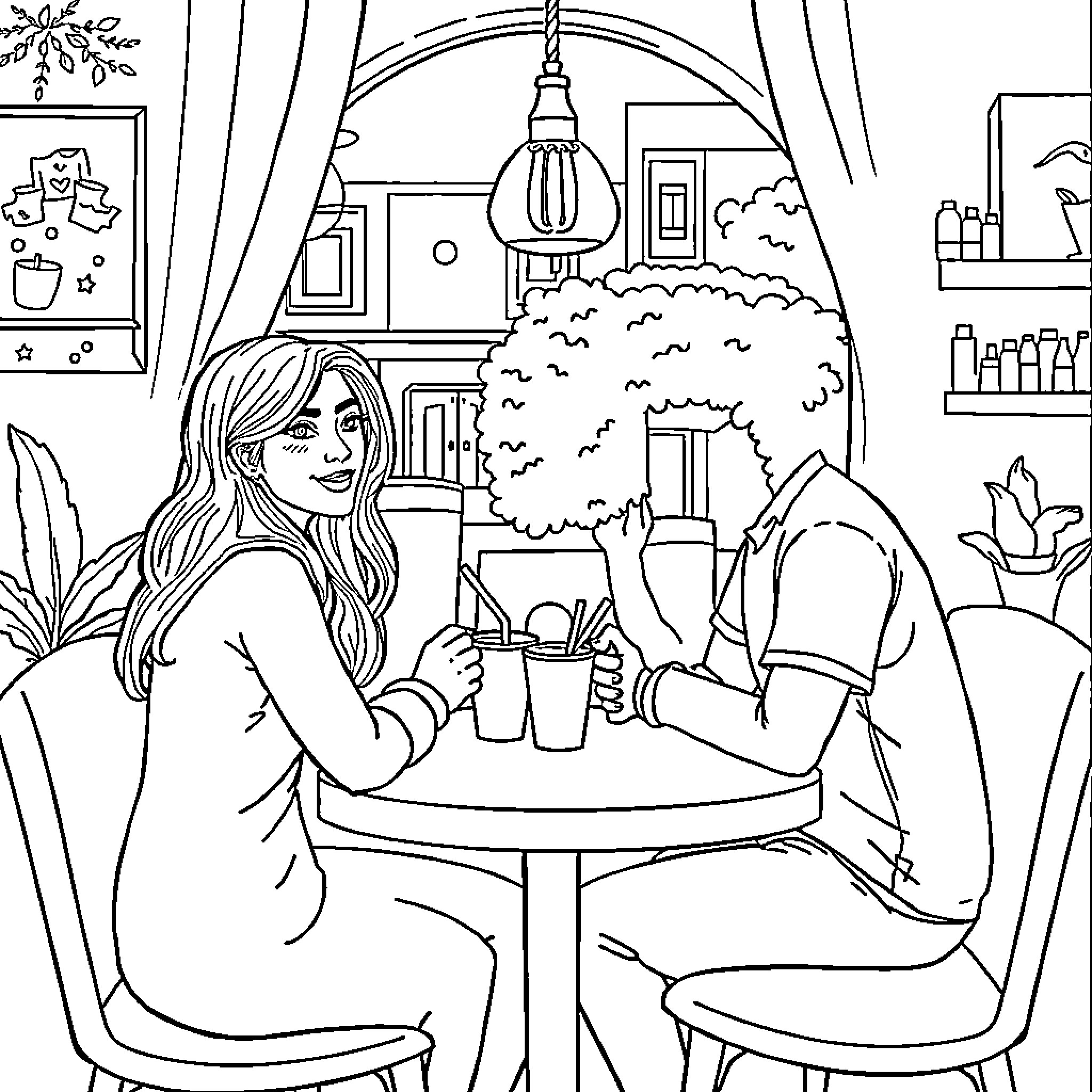 Alejandra Marulanda relaxing in a cozy cafe Coloring Page (free black-and-white line drawing printable PDF for all, from beginners to advanced learners, including children, teens, adults, and seniors)