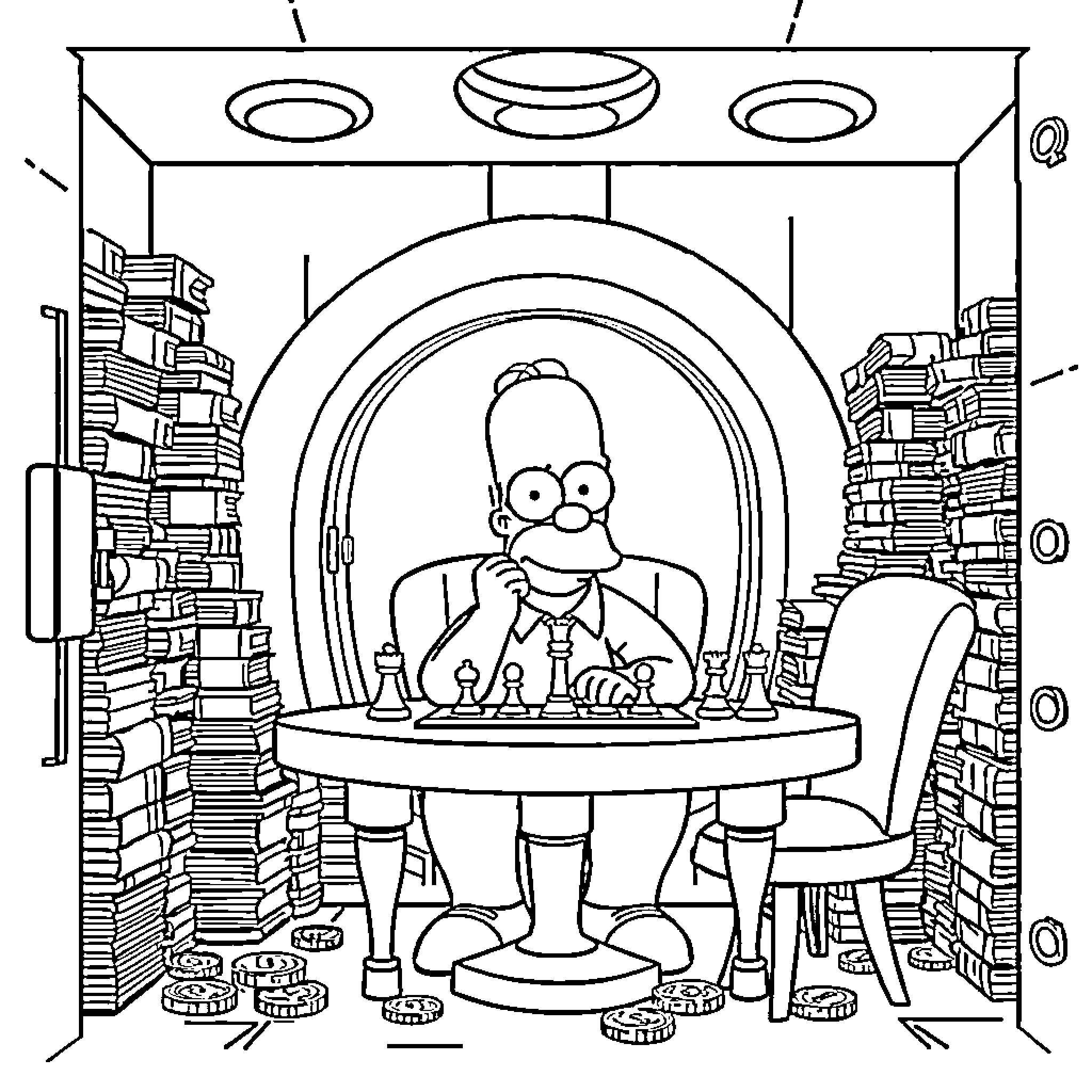 Homer Simpson working at his cluttered desk Coloring Page (free black-and-white line drawing printable PDF for all, from beginners to advanced learners, including children, teens, adults, and seniors)