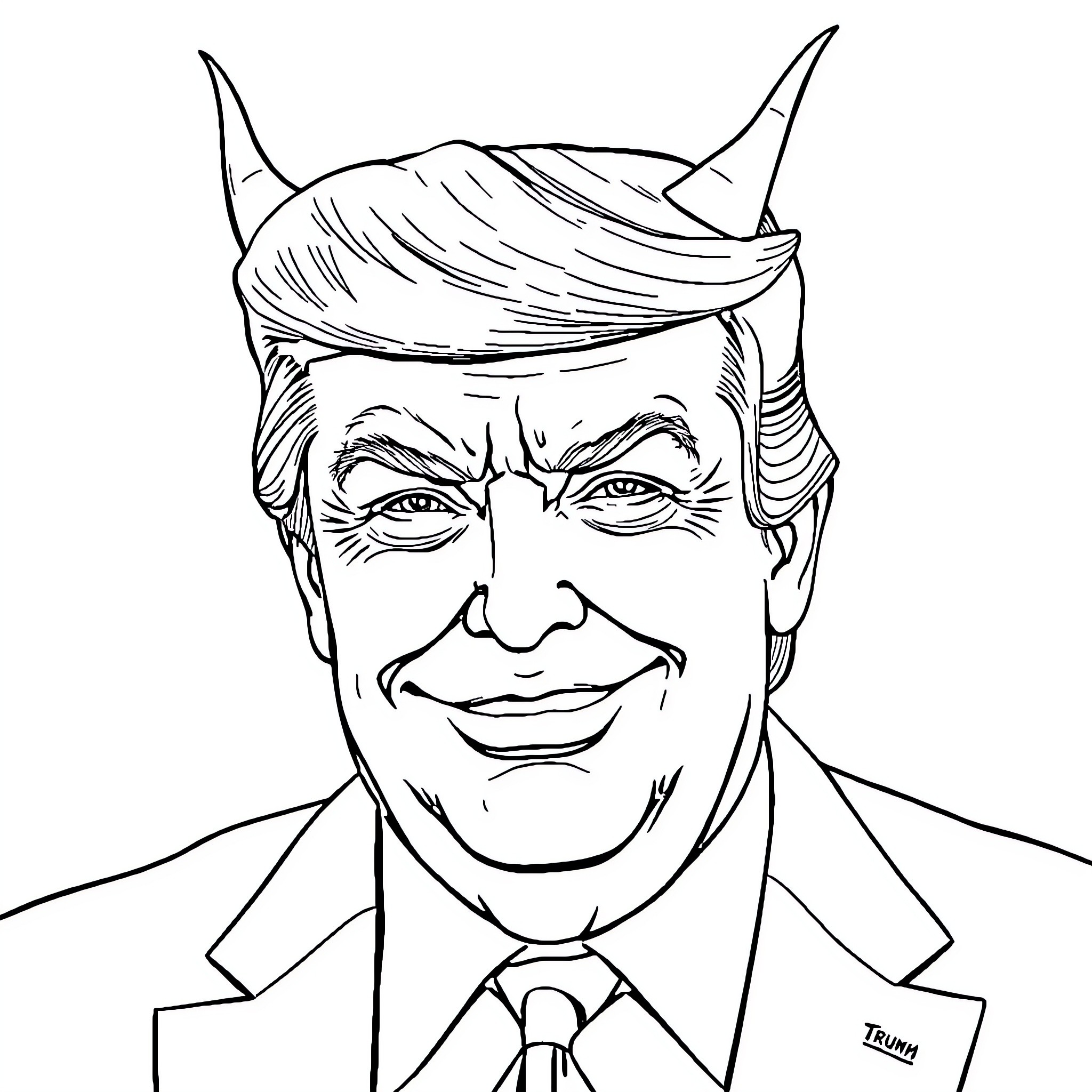 Donald Trump smiling in a suit and tie Coloring Page (free black-and-white line drawing printable PDF for all, from beginners to advanced learners, including children, teens, adults, and seniors)