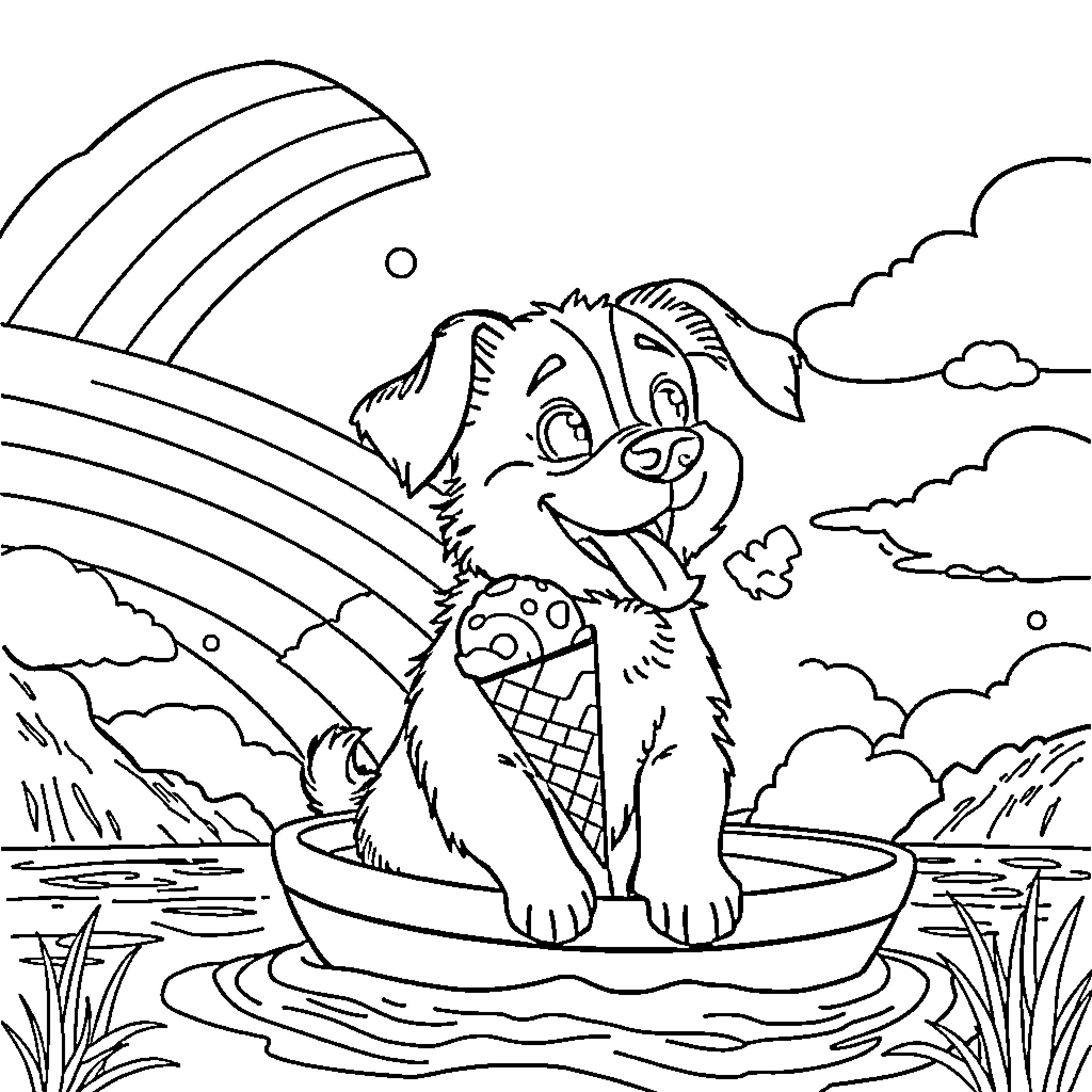 Dog happily playing with ice cream in the park Coloring Page (free black-and-white line drawing printable PDF for all, from beginners to advanced learners, including children, teens, adults, and seniors)