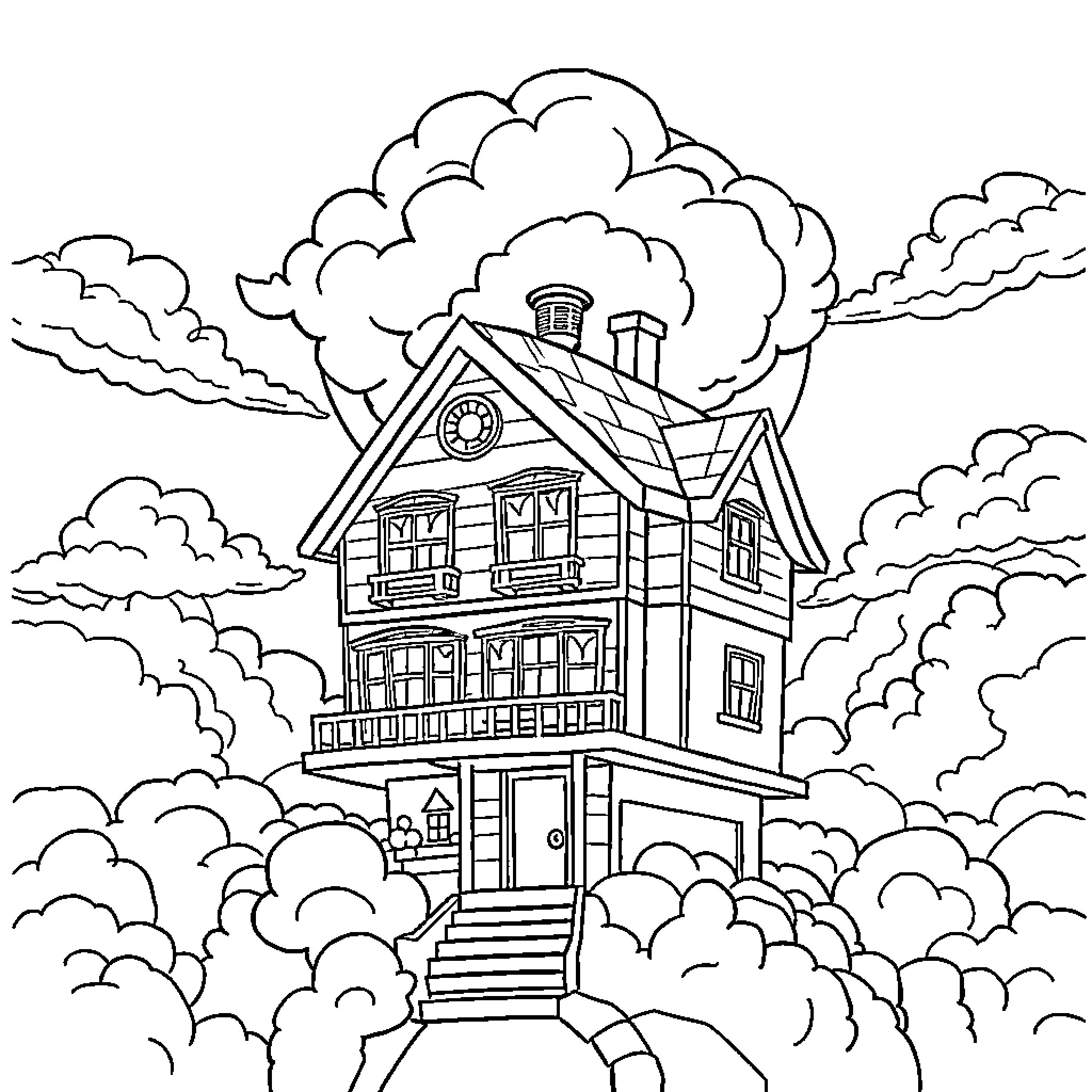 Gabby Dollhouse with Whimsical Victorian House and Clouds Coloring Page (free black-and-white line drawing printable PDF for all, from beginners to advanced learners, including children, teens, adults, and seniors)