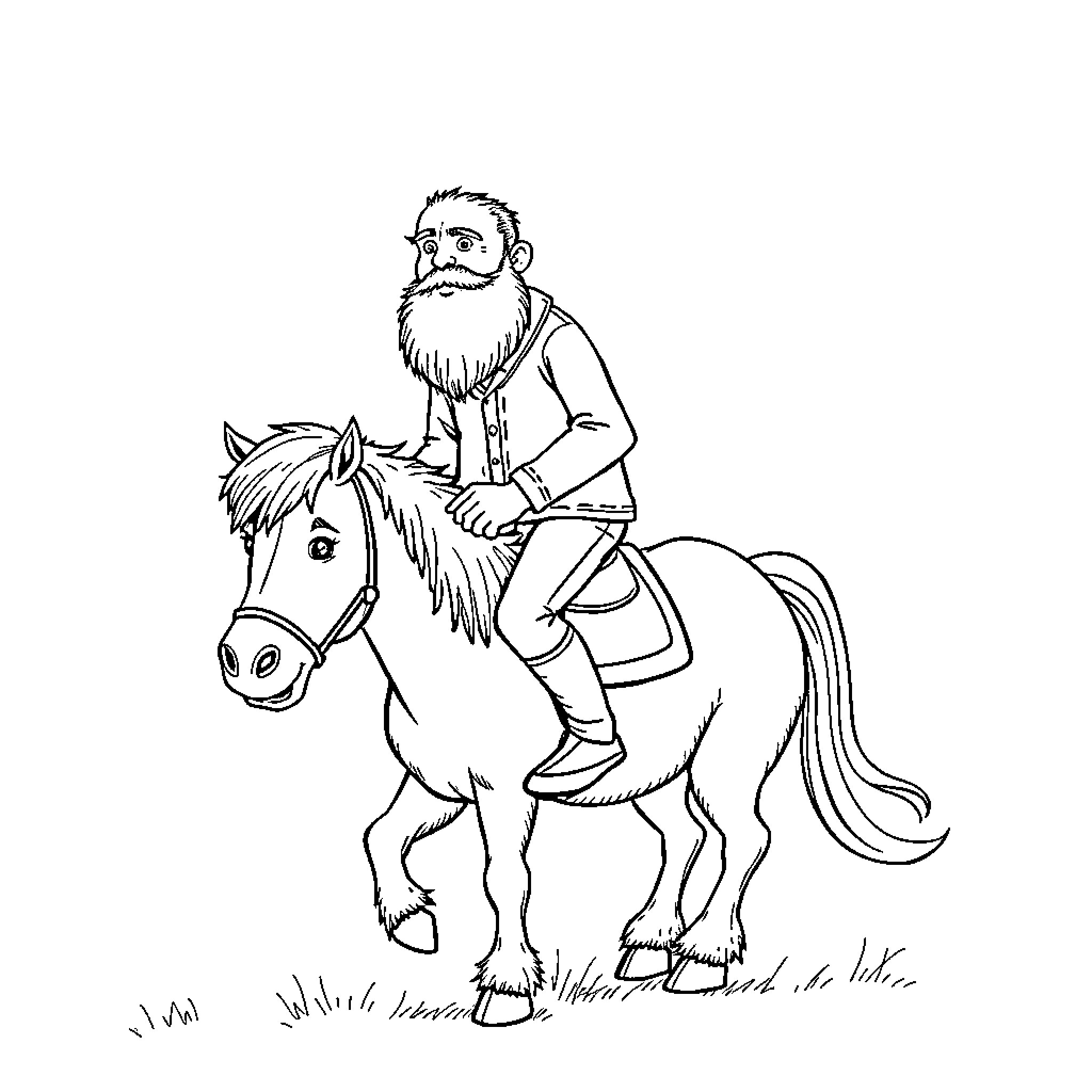 Man riding a horse in the countryside Coloring Page (free black-and-white line drawing printable PDF for all, from beginners to advanced learners, including children, teens, adults, and seniors)