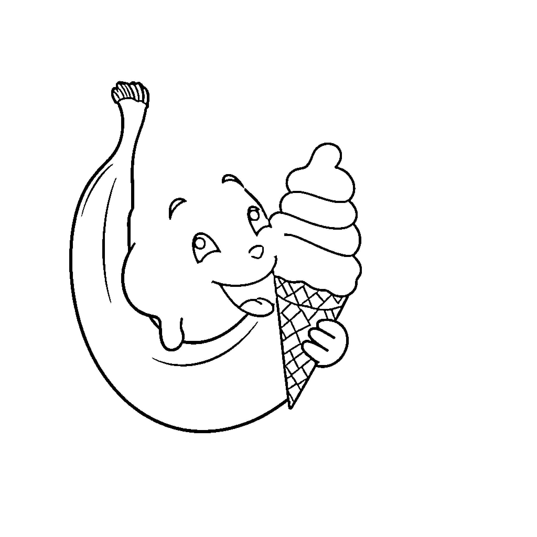 Banana holding a cheerful ice cream cone Coloring Page (free black-and-white line drawing printable PDF for all, from beginners to advanced learners, including children, teens, adults, and seniors)