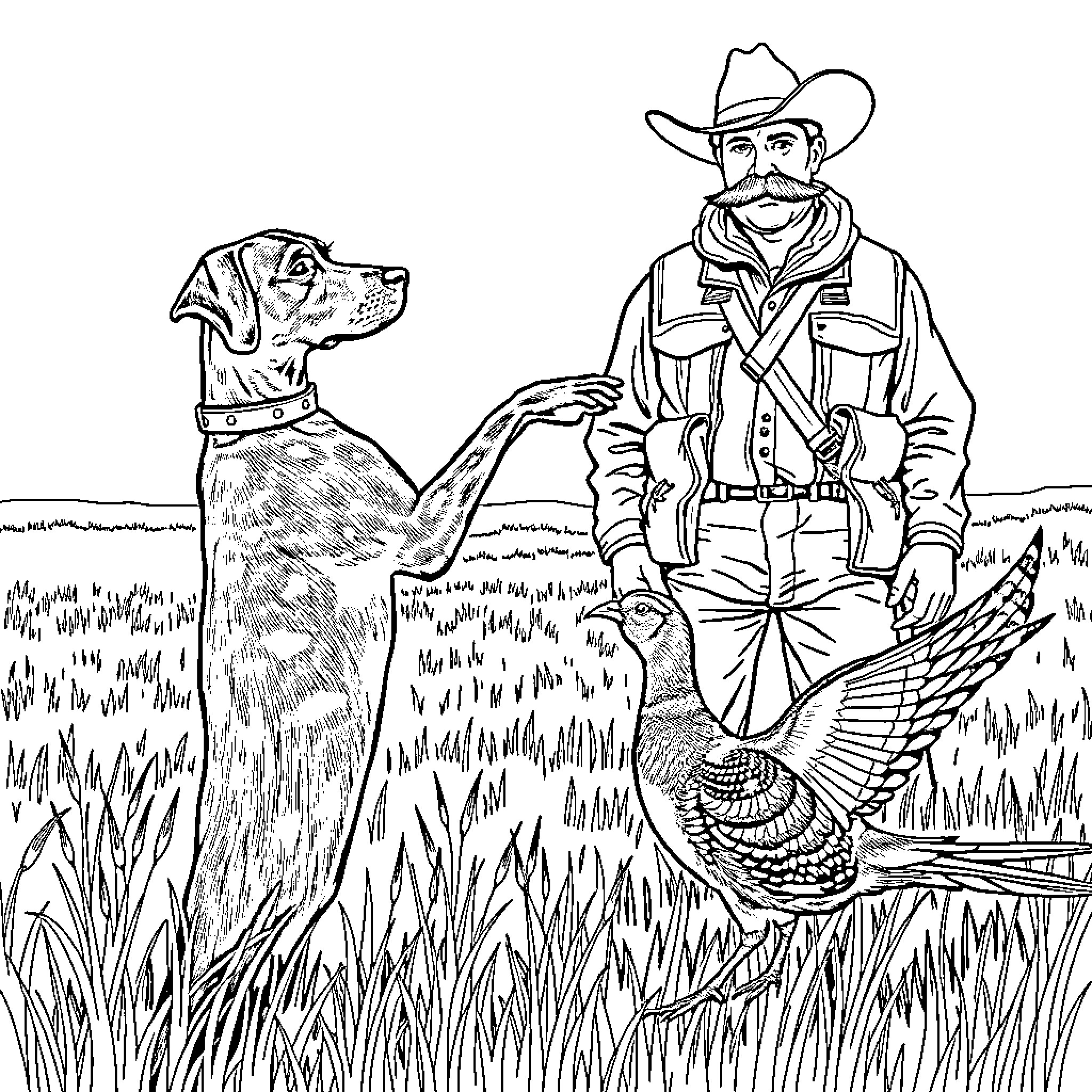 German Shorthair Pointer hunting with cowboy in the field Coloring Page (free black-and-white line drawing printable PDF for all, from beginners to advanced learners, including children, teens, adults, and seniors)