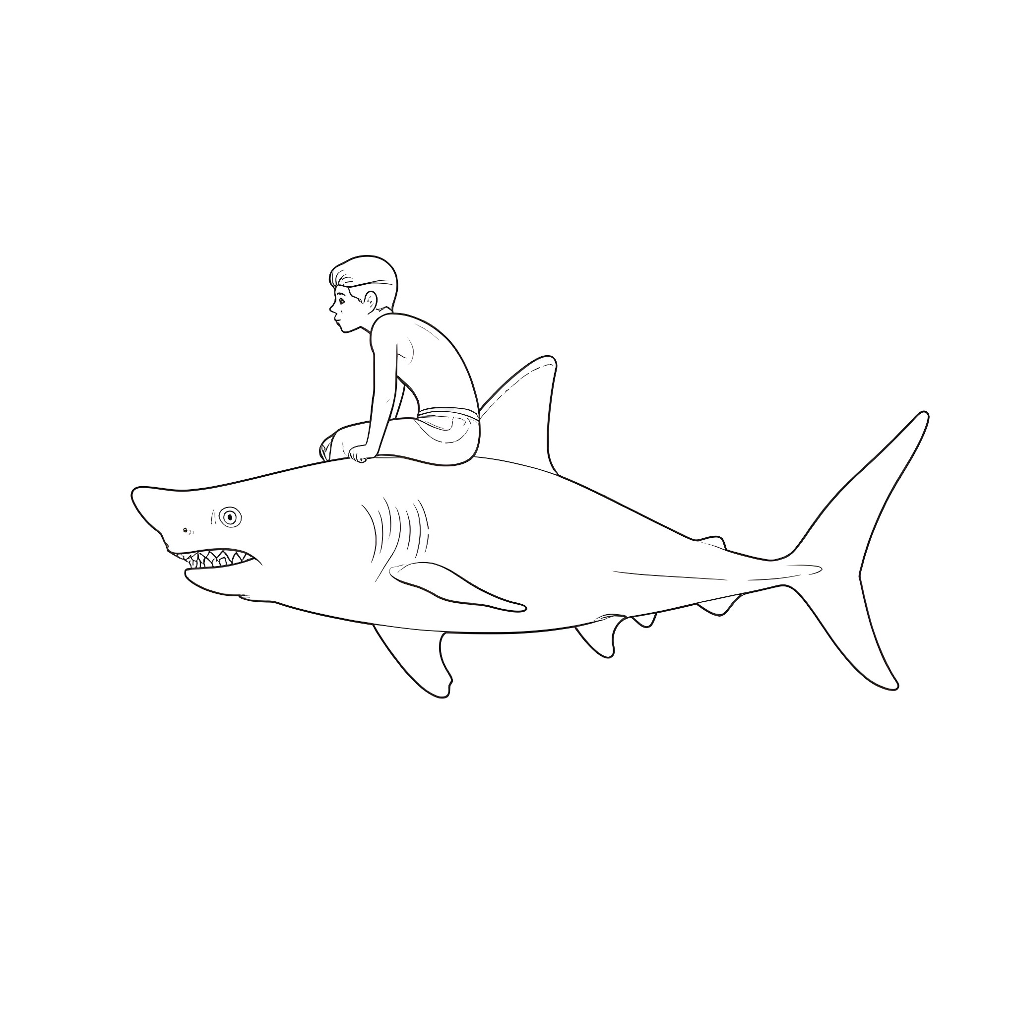 Person riding on the back of a shark Coloring Page (free black-and-white line drawing printable PDF for all, from beginners to advanced learners, including children, teens, adults, and seniors)