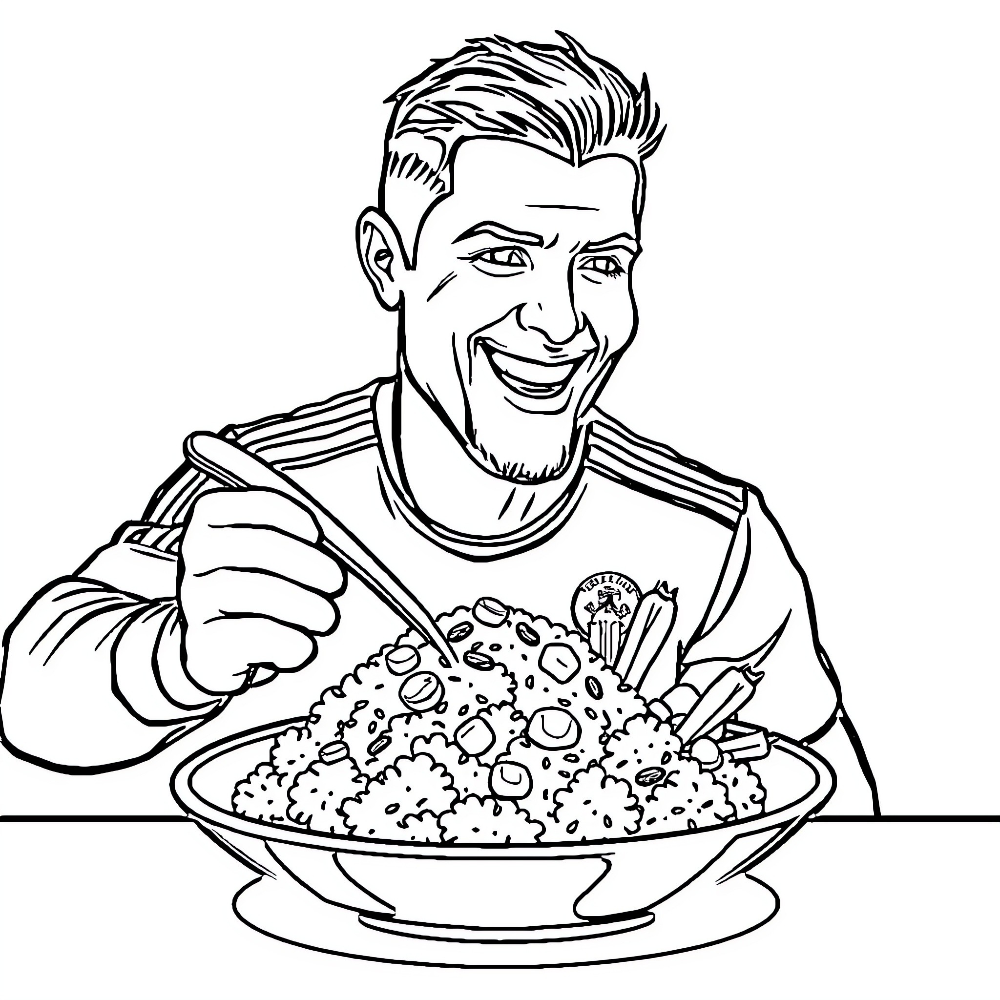 Ronaldo enjoying a hearty meal with enthusiasm Coloring Page (free black-and-white line drawing printable PDF for all, from beginners to advanced learners, including children, teens, adults, and seniors)