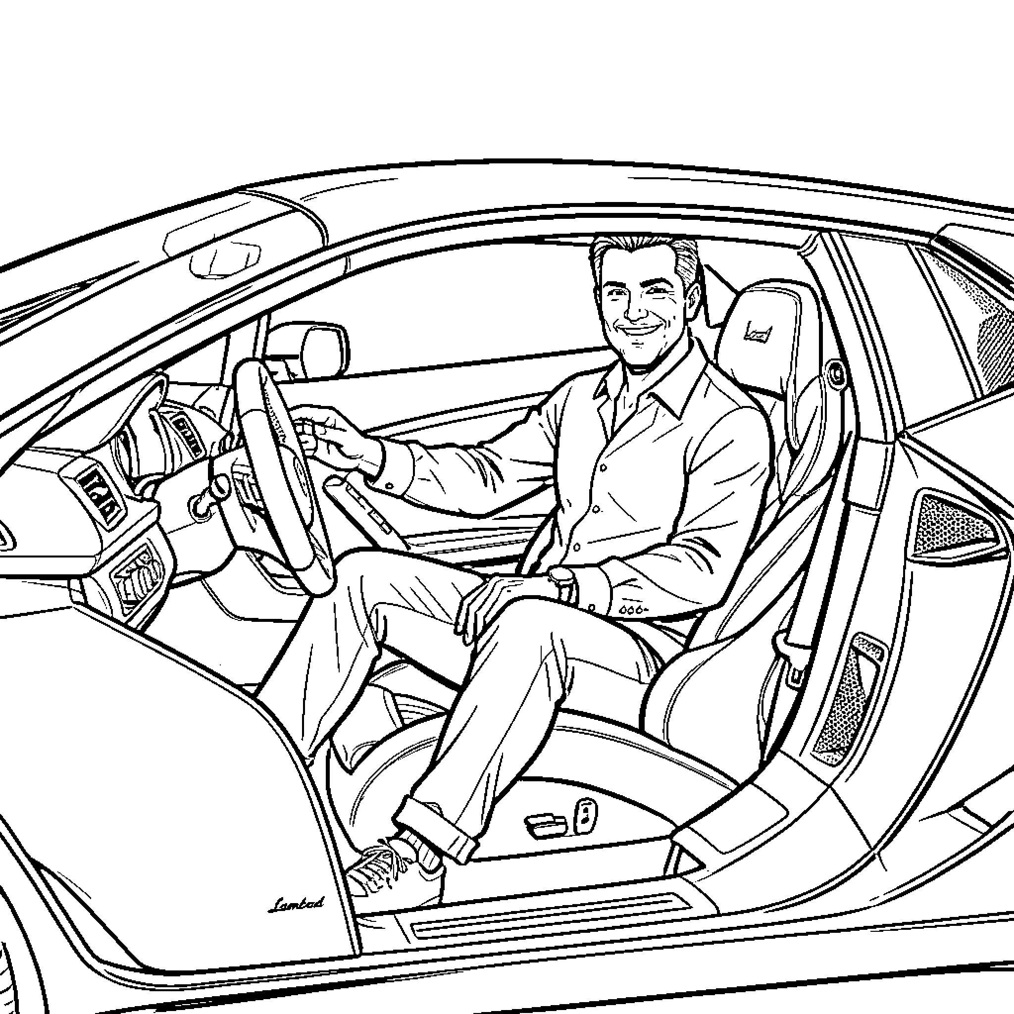 Barman sitting confidently inside a luxury sports car Coloring Page (free black-and-white line drawing printable PDF for all, from beginners to advanced learners, including children, teens, adults, and seniors)