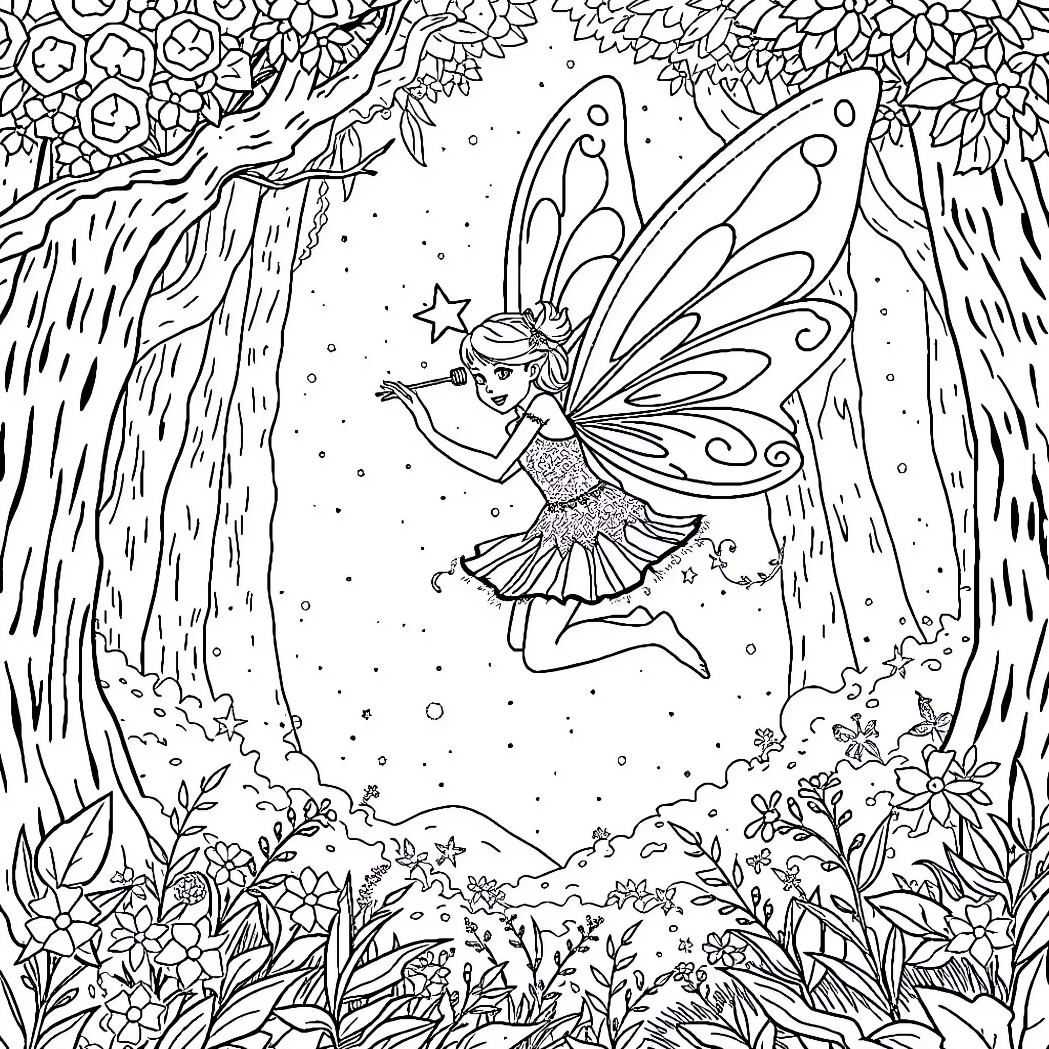 Fairy dancing joyfully in the enchanted forest Coloring Page (free black-and-white line drawing printable PDF for all, from beginners to advanced learners, including children, teens, adults, and seniors)