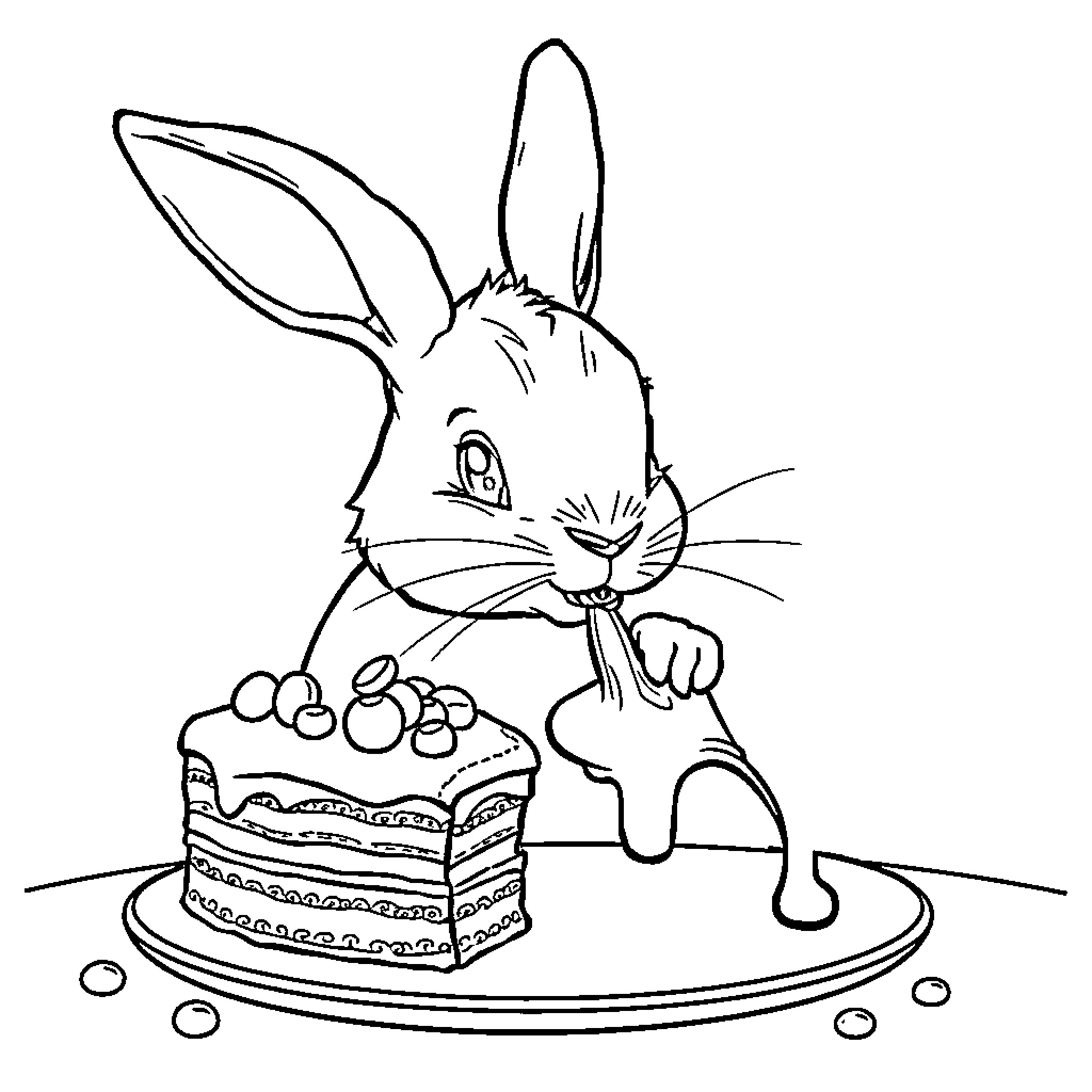 Rabbit admiring a delightful dessert Coloring Page (free black-and-white line drawing printable PDF for all, from beginners to advanced learners, including children, teens, adults, and seniors)