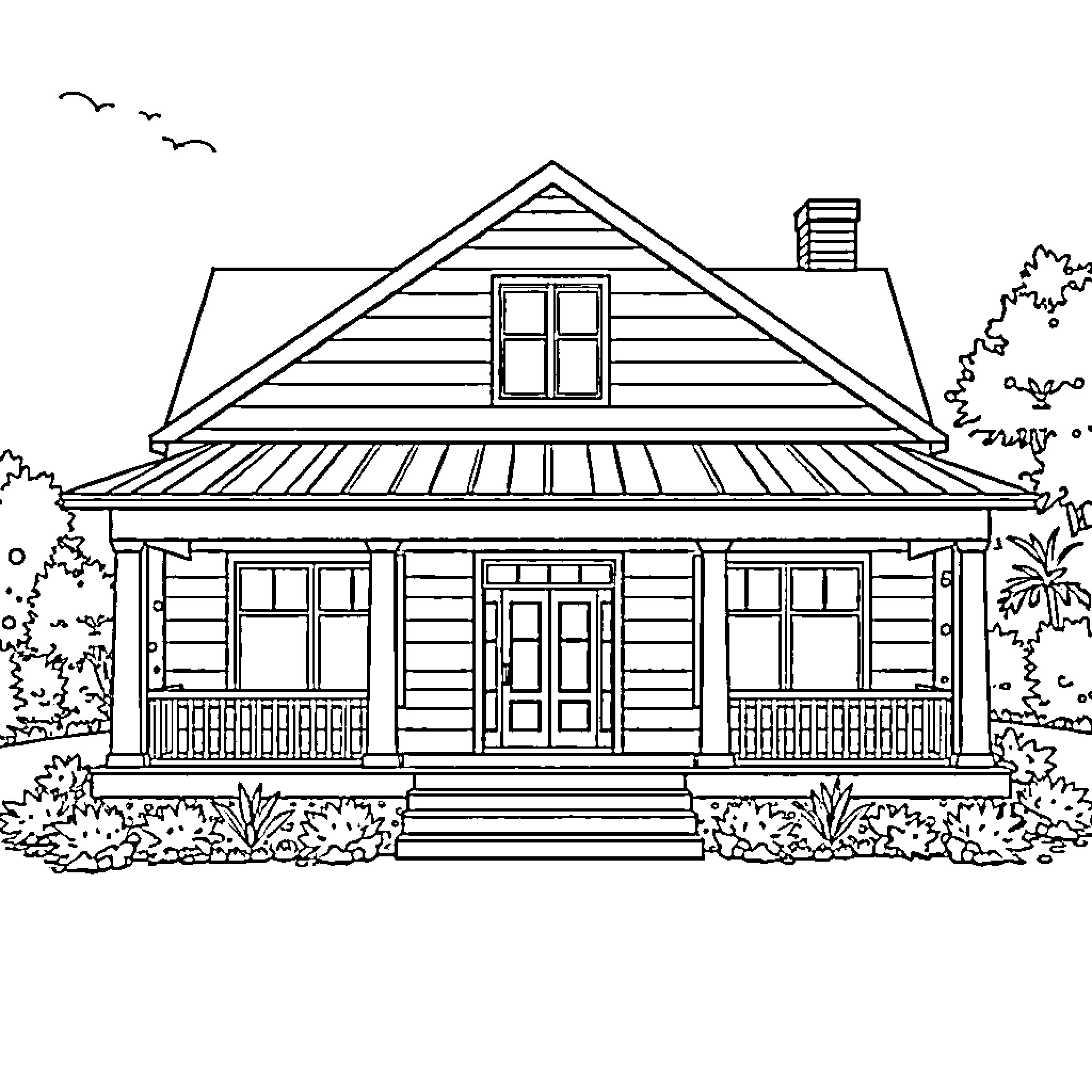 Farmhouse with porch and landscape elements Coloring Page (free black-and-white line drawing printable PDF for all, from beginners to advanced learners, including children, teens, adults, and seniors)